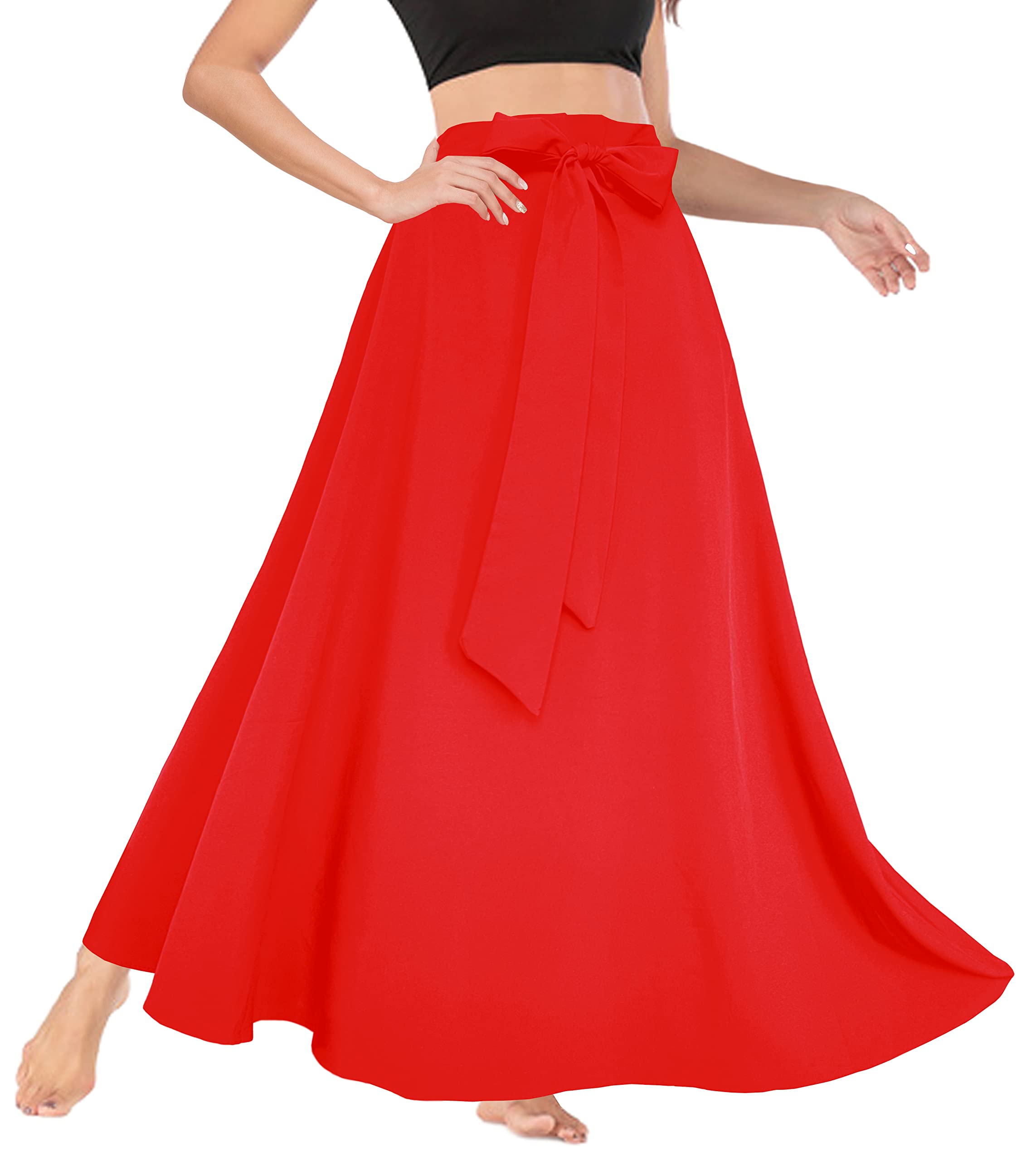 Afibi Women's High Waist Skirt Tie Front A-Line Flowy Long Maxi Skirts with Pockets