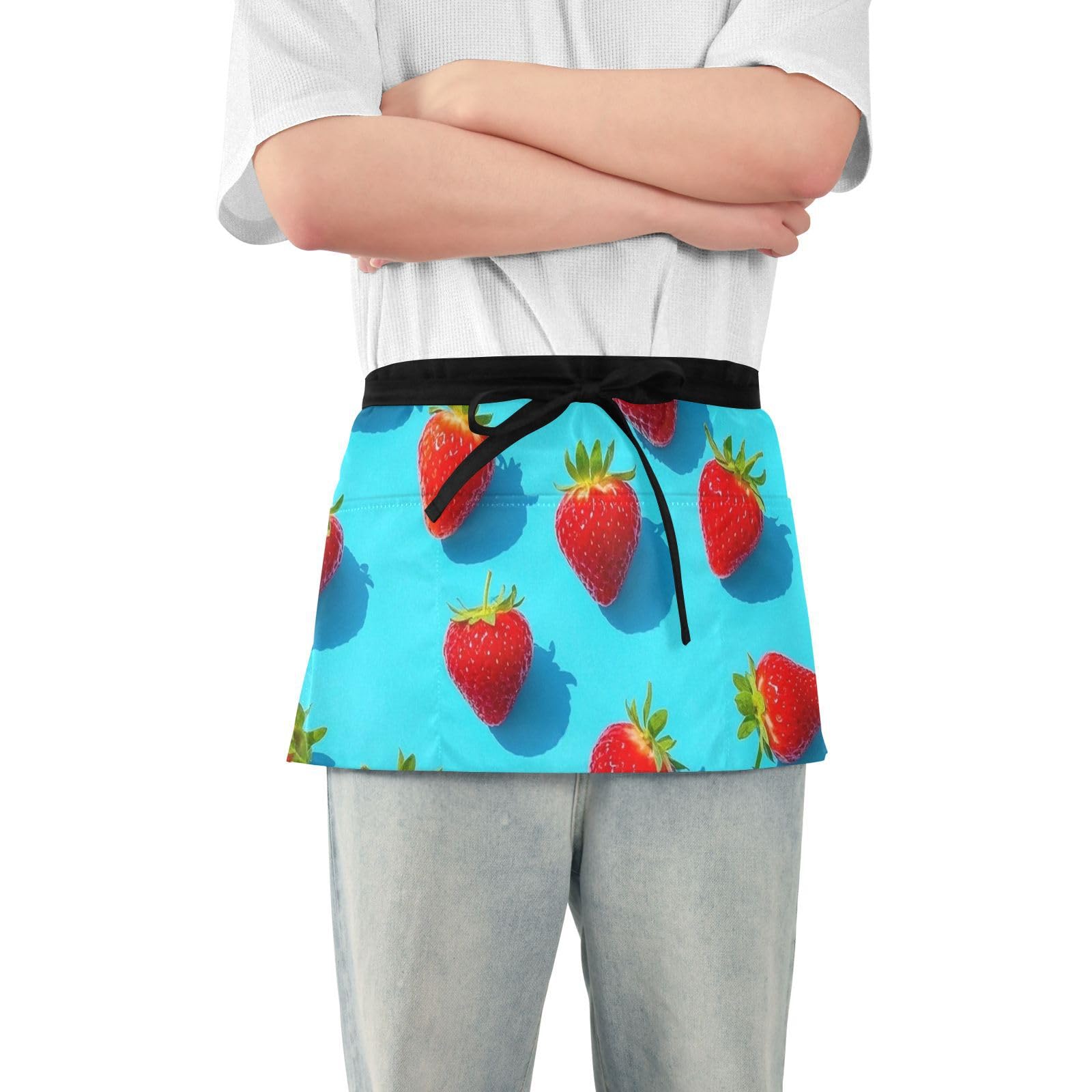 FASHON&FASCIN Server Apron with Pockets Waist Aprons Half Waitress Apron Strawberry Print for Gardening Restaurant,Multi19