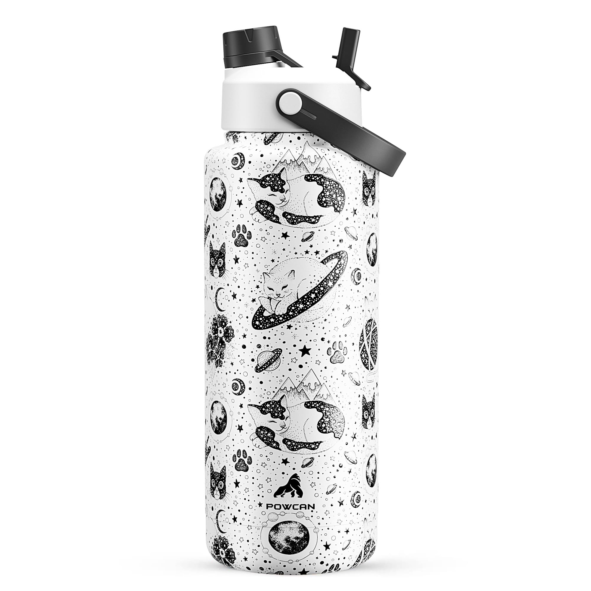 POWCAN 40 oz Insulated Water Bottle with 2-in-1 Straw and Spout Lid, Keep Cold 24H, Leak-Proof, BPA-Free, Double Wall Stainless Steel Water Bottle for Sports, Gym, Travel, and School (Oracle Kittens)
