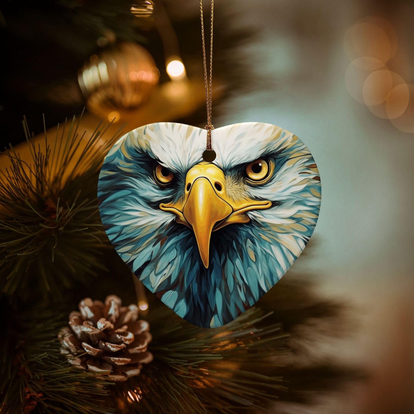 Christmas Tree Ornaments Ceramics Christmas Decorations Art Eagle Ornaments with Gold Ribbon Porcelain Xmas Tree Crafts Heart Shape Hanging Pendant for Christmas Tree Party Decor