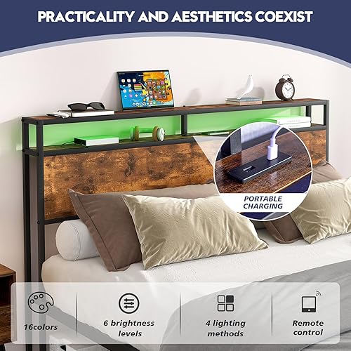 Miniatura 7 de Base de cama Queen con luces LED, cabecera de almacenamiento industrial con estación de carga y puerto USB, marco de cama industrial moderno con