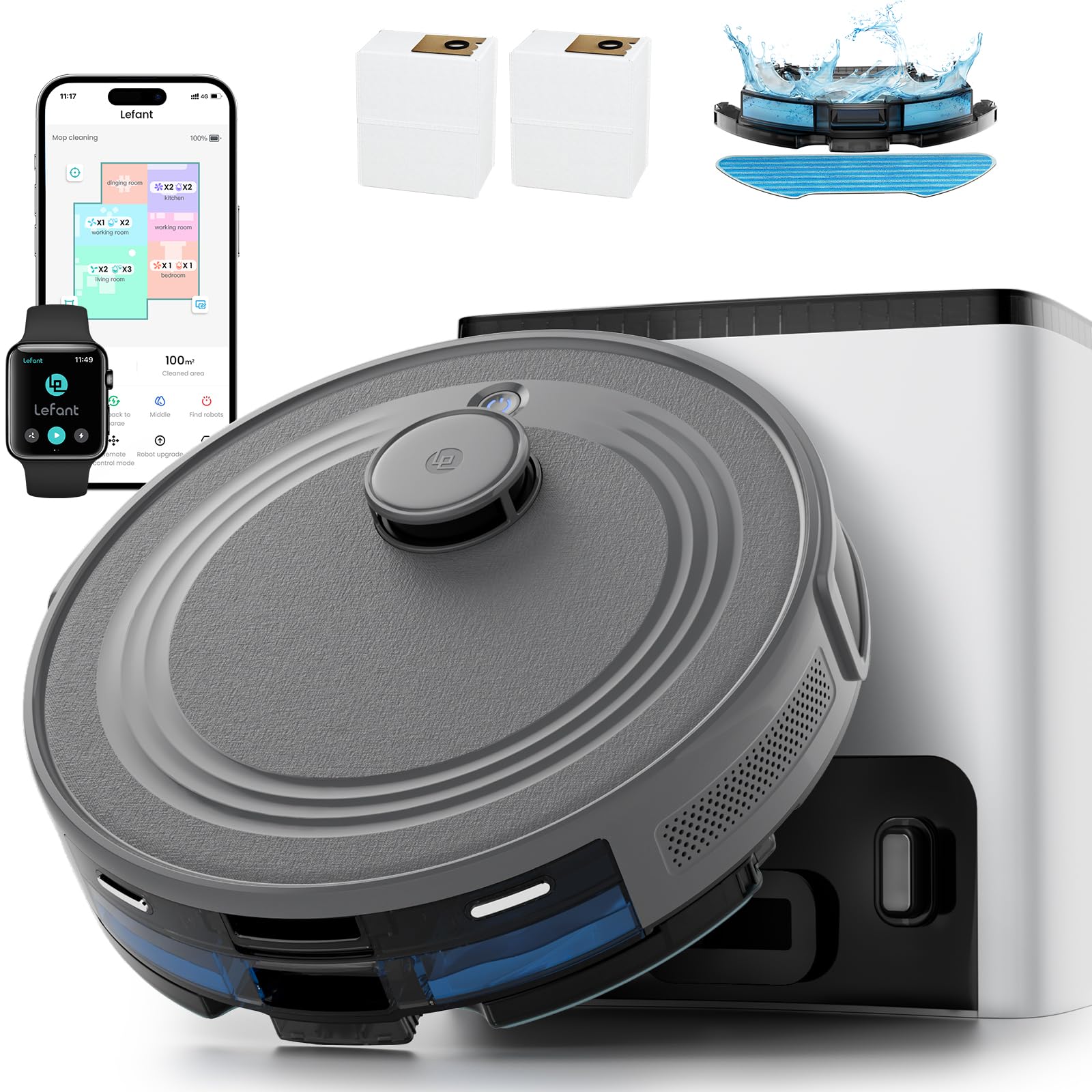 Lefant M2S Plus Robot Aspirapolvere Lavapavimenti con Mappatura, 240 Minuti, 10000Pa, Navigazione Laser dToF, Evitamento Ostacoli PSD, Pulizia Personalizzata, Controllo APP/Alexa, Grigio
