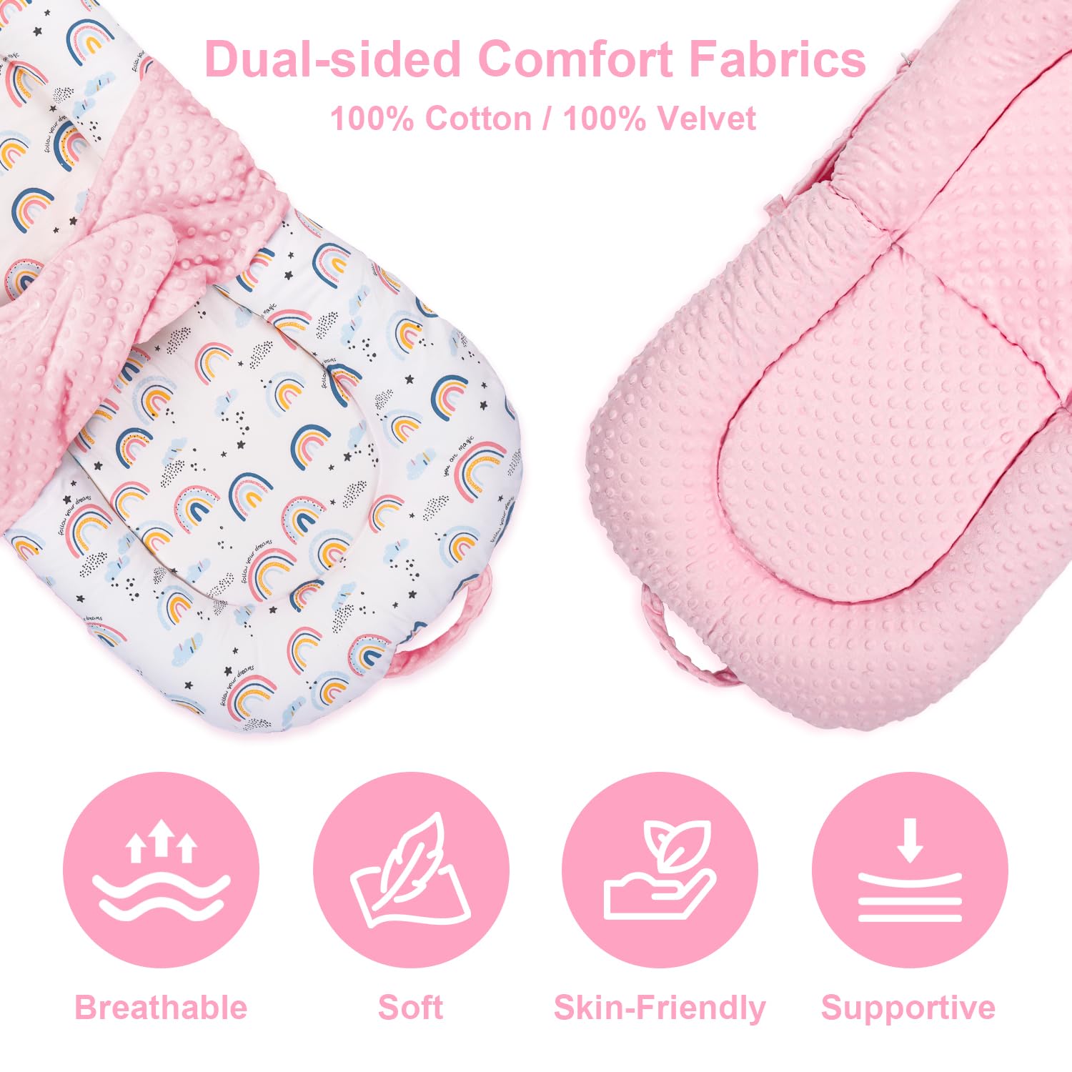 Sdraio 3 in 1 per neonati, portatile da 0 a 24 mesi, cuscino pieghevole e supporto per seggiolino, rivestimento rimovibile in 100% cotone e velluto, double face, ideale come regalo per