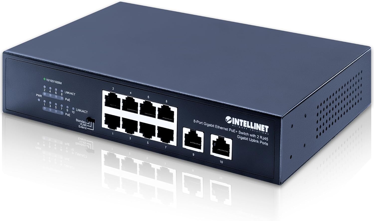 Intellinet 8-Port Gigabit Ethernet PoE+ Switch with 2 RJ45 Gigabit Uplink Ports,120W Power Budget, Manual VLAN Mode, Endspan, Self-Healing Network, Desktop - 3 Yr Mfg Warranty - 561402