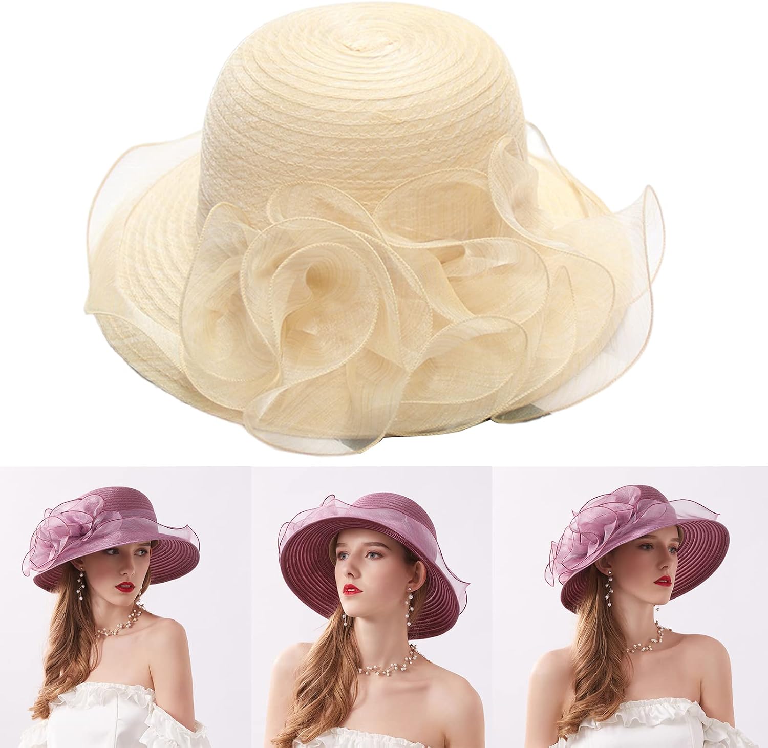 Hat Derby for Women Fascinator Bridal Shower Fascinator Organza Tea Party Wide Brim Sunhat Organza Tea Party for Women