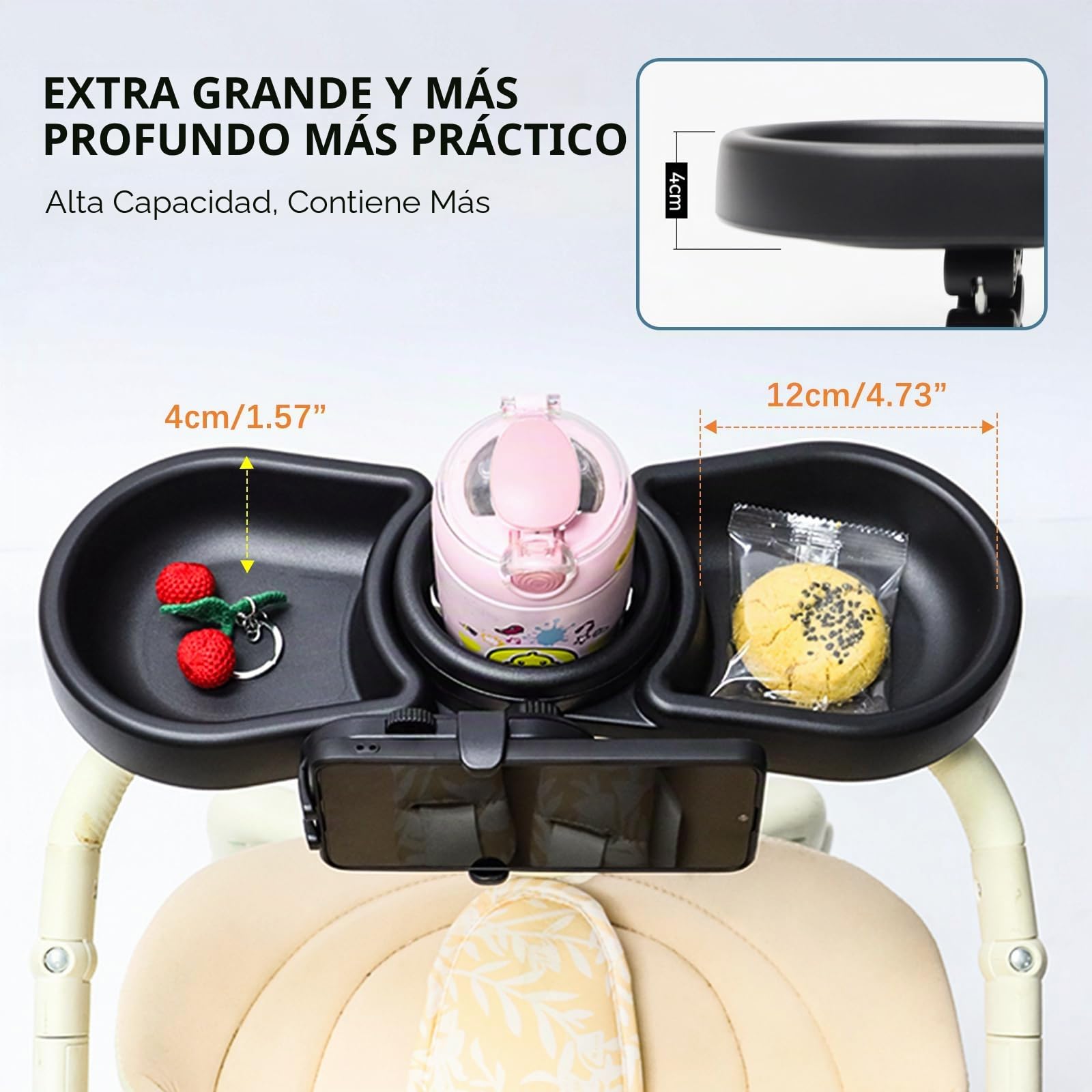 Vihir Bandeja para Cochecito de Bebé, 4 en 1 Bandeja de bocadillos Universal para Cochecito con Portabocadillos y Soporte para Móvil, Clip Ajustable Giratorio 360°, para Cochecitos con Reposabrazos