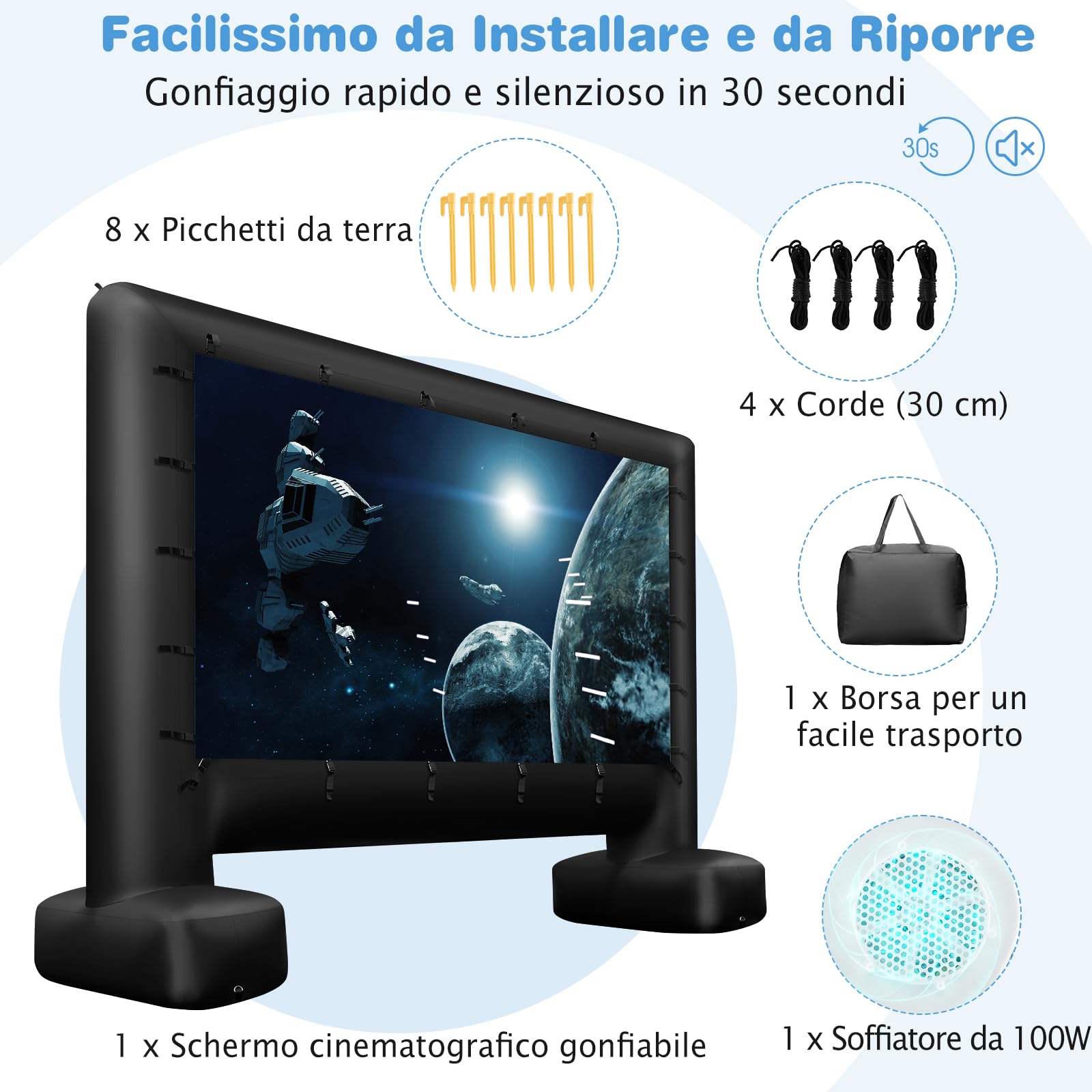 GYMAX Schermo Proiettore Gonfiabile 4 M/4,5M, Telo Proiettore Pieghevole Portatile per Film con Soffiatore d'Aria, Schermo Doppia Faccia, Borsa, Picchetti, per Giardino, Terrazzo, Esterno (4M)