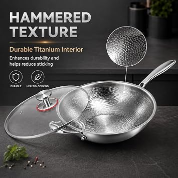 Toutrop Titanium Wok with Lid,Titanium Wok Pan for Cooking,14 Inch Non Stick Wok Pan,No Coating Titanium Frying Pans,PFAS/PFOA/PTFE Free Cookware,Induction