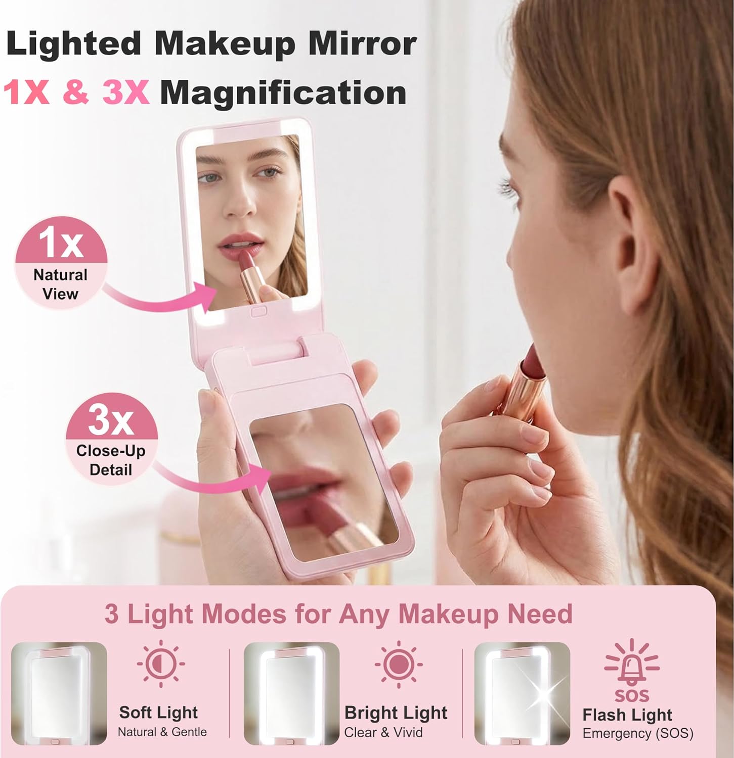 Portable Charger for Women, Power Bank Travel Essentials 5000mAh Battery Pack with Stand, LED Makeup Mirror, 20W USB-C, Fast Charging Powerbank Gift for Girls & Mom for iPhone, Samsung Android - Pink
