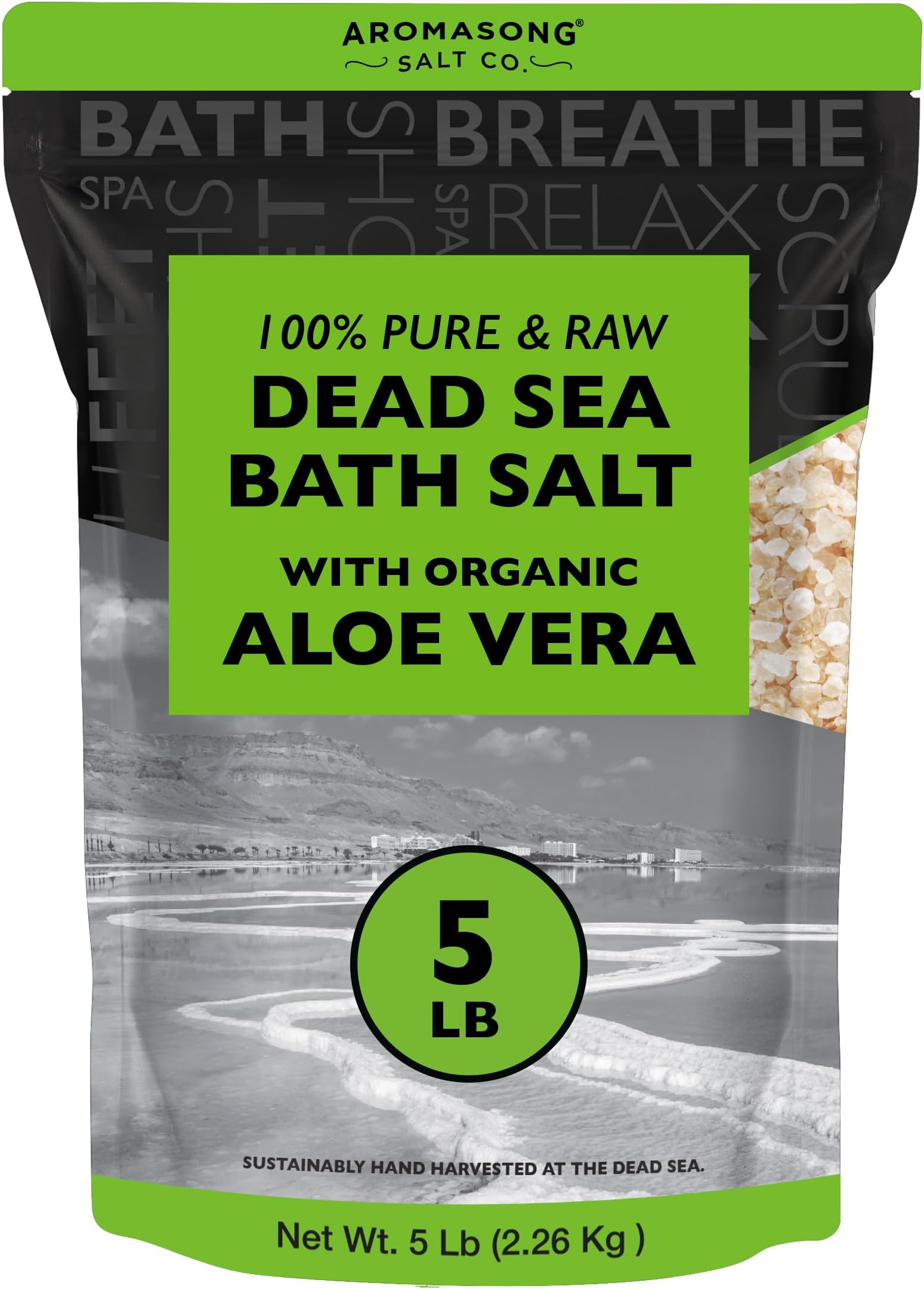 Aromasong 5 lbs Raw Dead Sea Salt with Organic Aloe Vera, not Cleaned, Still Contains All Dead sea Minerals Including Dead sea Mud, Fine Medium Grain Large resealable Bulk Pack (Packaging May Vary)