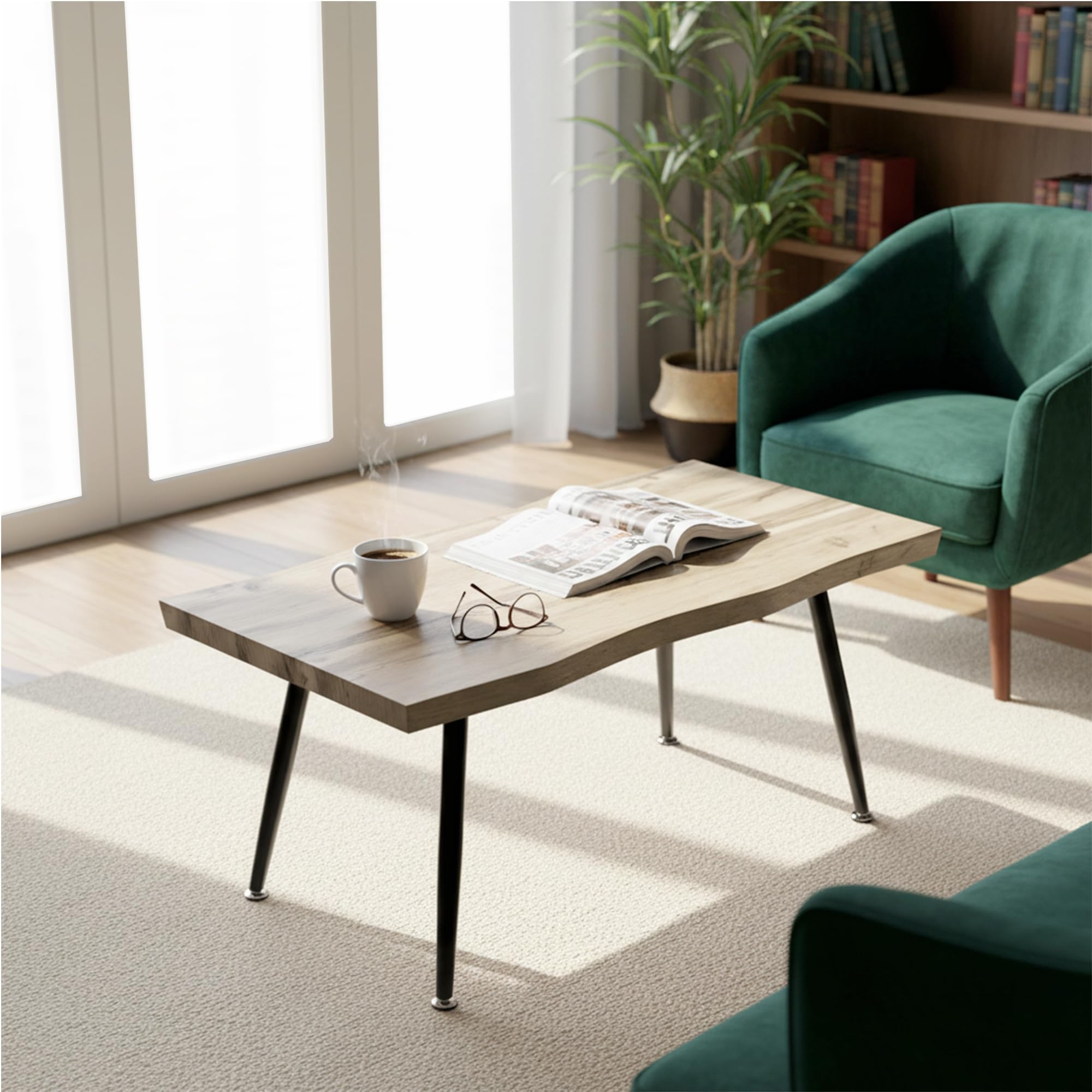 HOMCOM Mesa de Centro Curva con Tablero Grueso de 4 cm 100x50x45 cm Roble | Mesa Baja para Salón Moderno, Patas de Acero, para Sala de Estar, Dormitorio