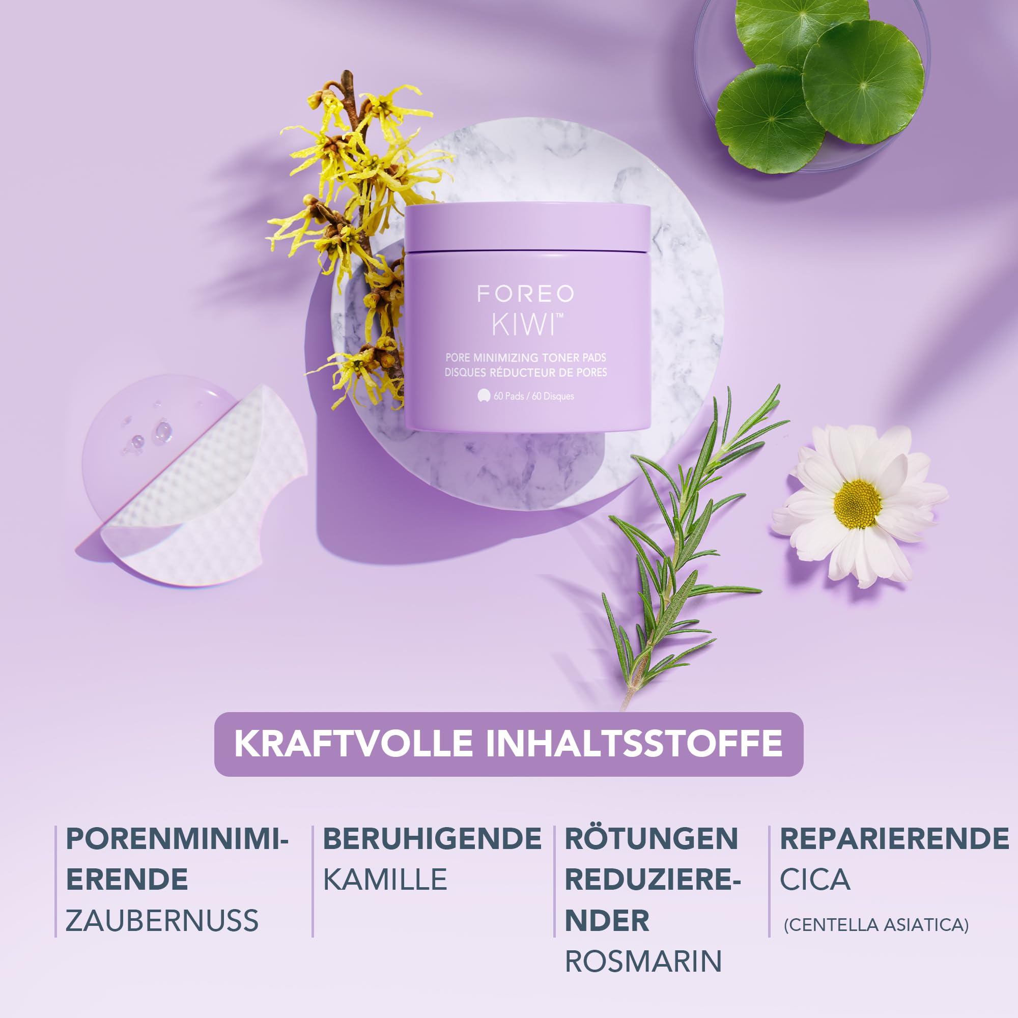 FOREO KIWI Porenverfeinernde Toner-Pads – Hamamelis & Cica, 60 Stk.