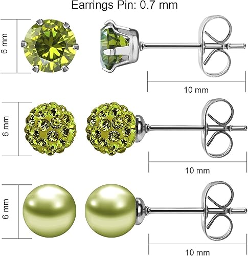 Miniatura 4 de JewelrieShop - Juego de aretes de tuerca de acero inoxidable con circonitas cúbicas y perlas de imitación, 3 pares de 0.236in
