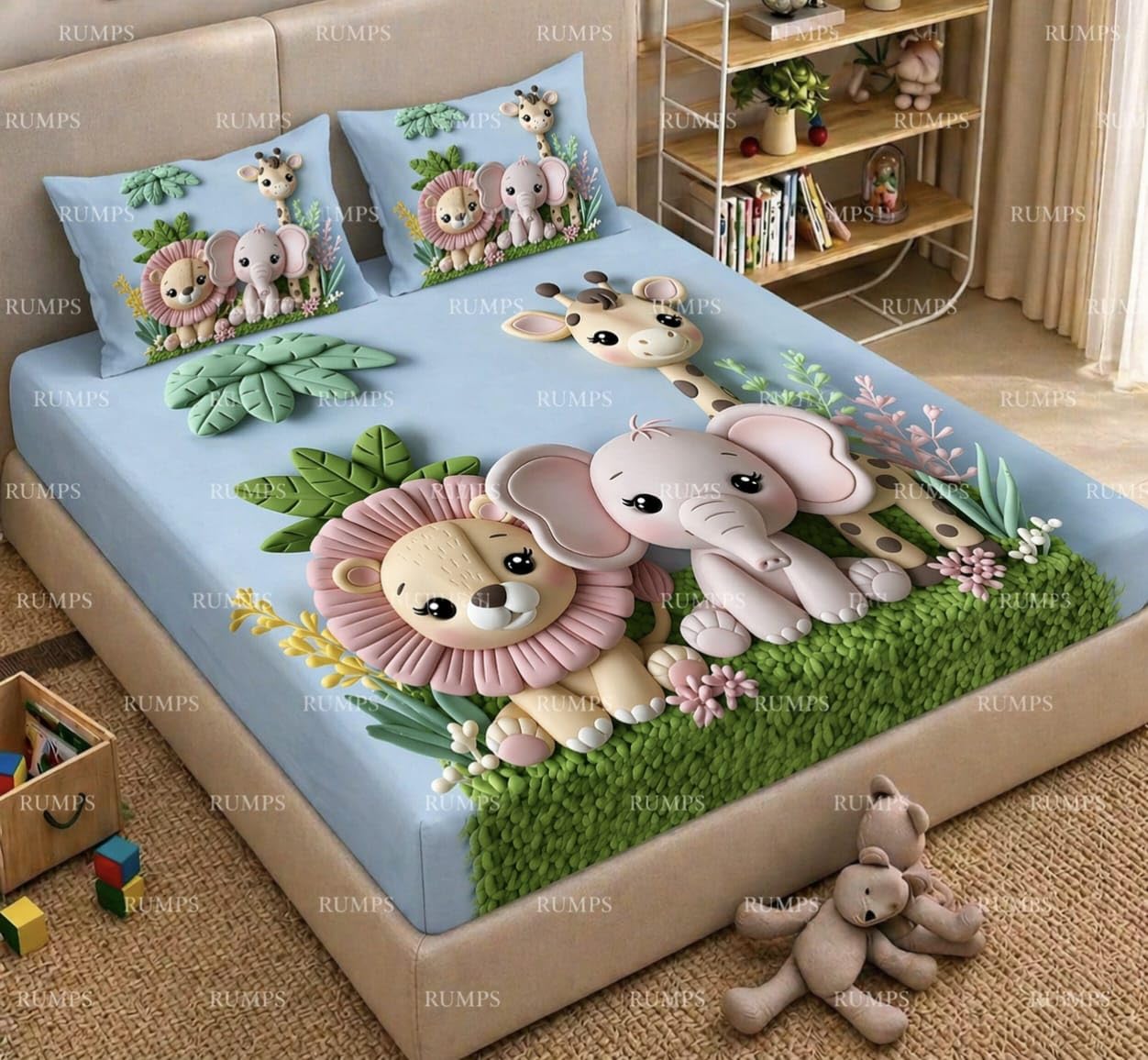 RUMPS 7D Cute Jungle Animal Printed Flat Bedsheet King Size 90x100 Inch with 2 Pillow Covers 16x26 Inch | Kids Cartoon Bedsheet | Soft Microfiber Double Bedsheet