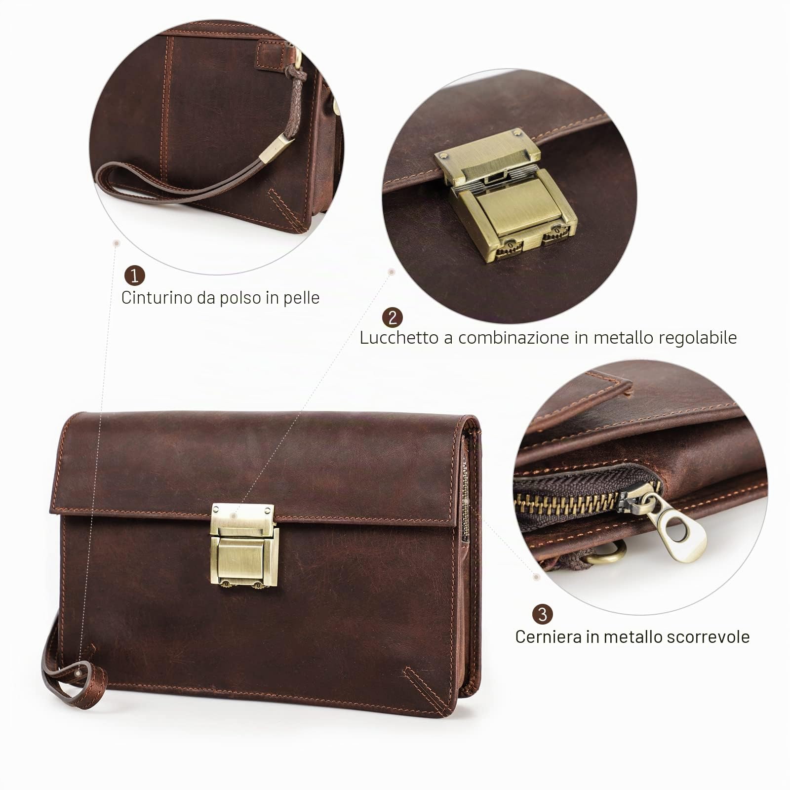 Pochette porta carte d'identità in vera pelle per uomo, portafoglio di grande capacità con serratura a combinazione antifurto