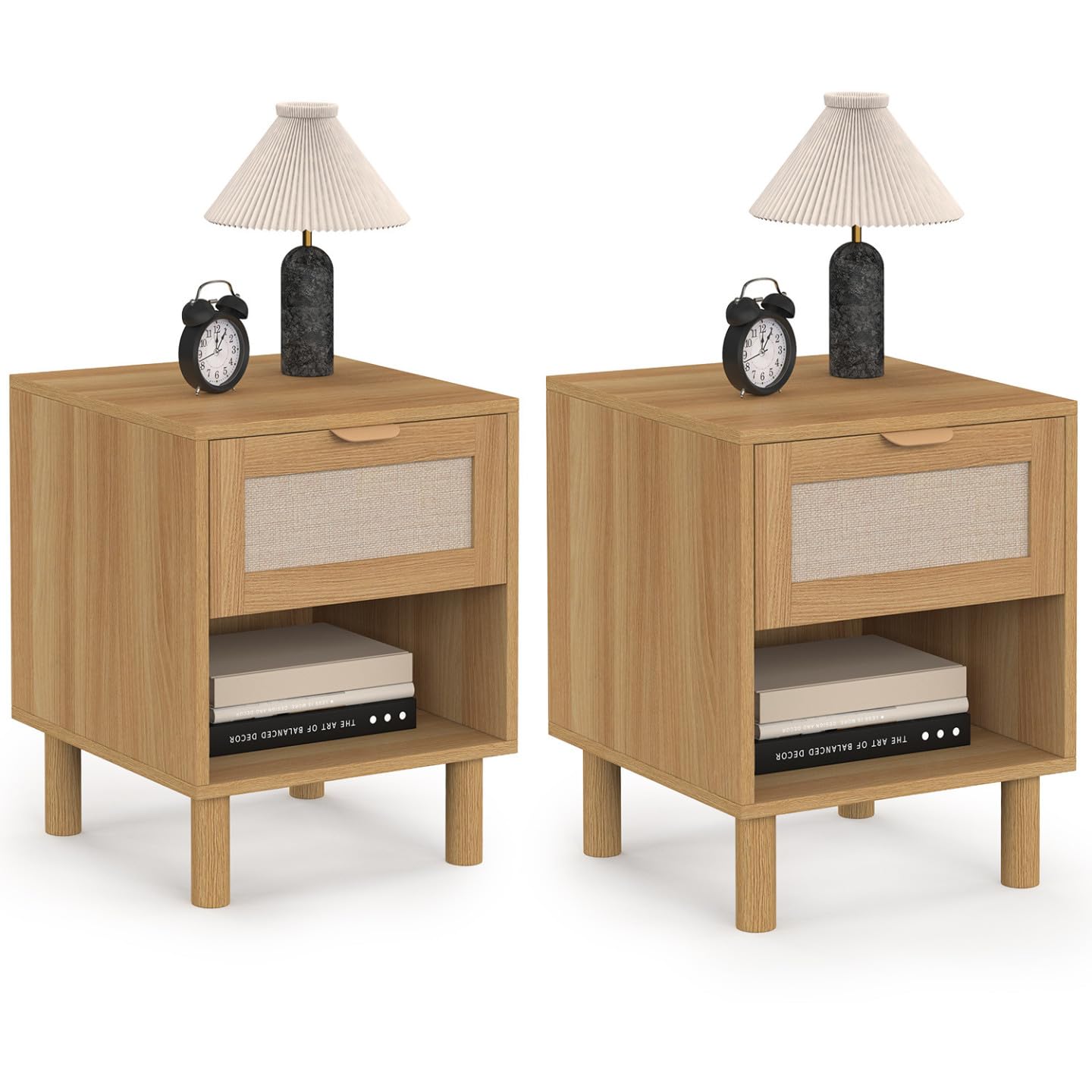 IDMarket - Lot de 2 Tables de Chevet Robin 1 tiroir avec Niche Bois et Tissu Effet Lin