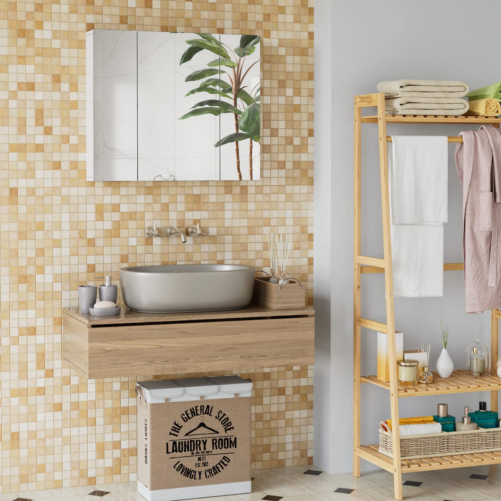FOREHILL Armadietto a Specchio per Bagno Con Contenitore, 3 Ante e 2 Ripiani Regolabili, Mobiletto 70x15x60cm Bianco