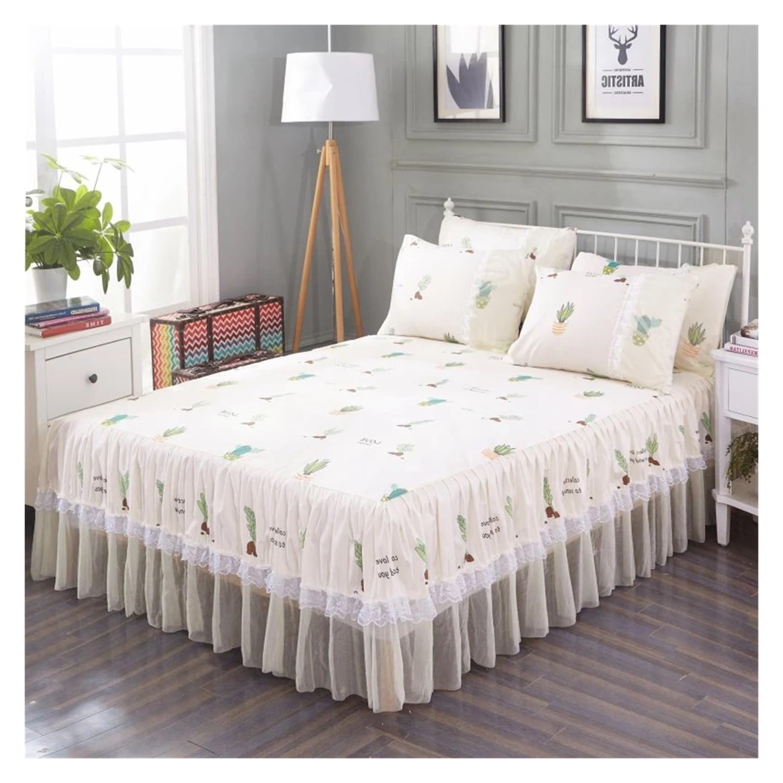 Bed Skirt Pillowcase Bed Set Ruffle Three Layers Lace Bedspreads Sheet Soft Fitted Sheet Cover(17,150x200cm 3pcs set)