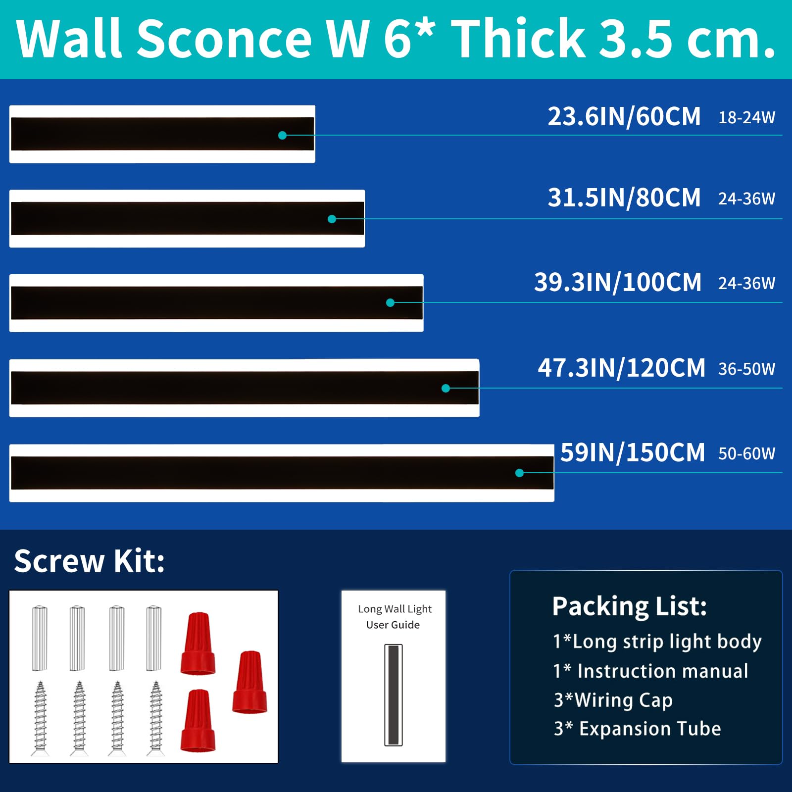 Mikeru 60cm Long Wall Light, 2 Pack Black Minimalist Porch Wall Light, 6500k Cool White Led Acrylic Wall Mounted Luminaire - Image 2
