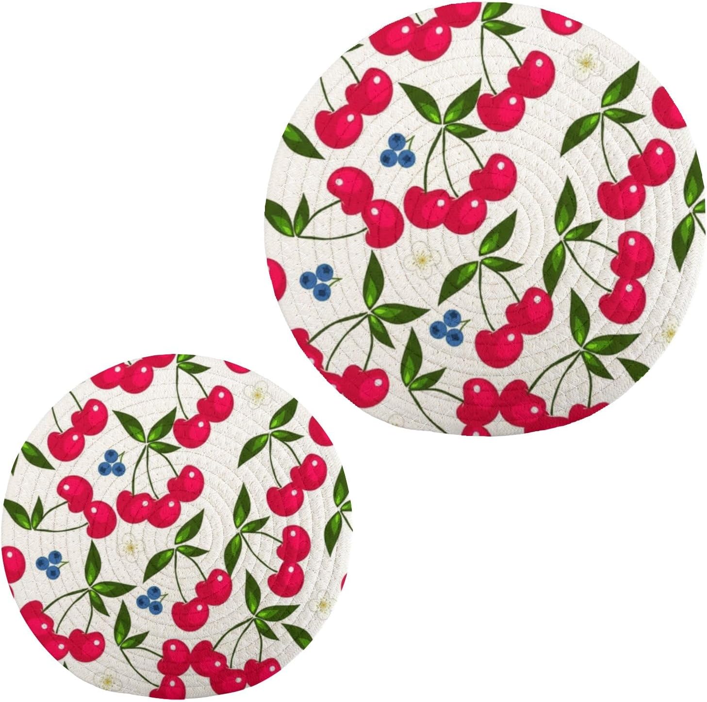 2 Pack Red Cherry Round Cotton Woven Pot Holders Trivets Set for Hot Dishes, Hot Pot and Pan, Heat Resistant Pad Mat for Kitchen Decor Cooking Supplies, 7 Inch + 9 Inch
