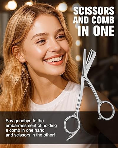 Miniatura 4 de FERYES Tijeras recortadoras de cejas con peines, tijeras de acero inoxidable y peine en uno, tijeras de precisión para recortar cejas para mujeres y