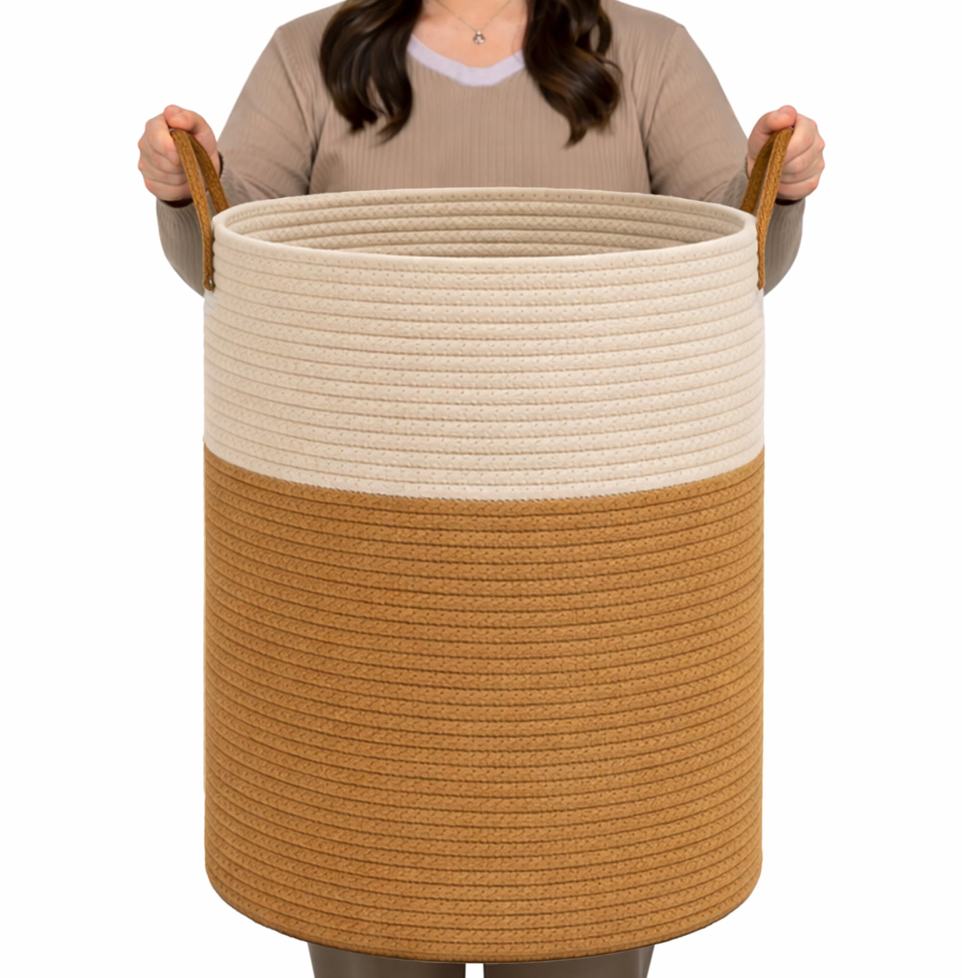 Libbi Lou Beige And White Cotton Rope Storage Basket – 72L Soft Woven Laundry Bakset Hamper – Rope Basket For Bedroom, Bathroom Or Nursery - Beige & White - 50X38x38cm
