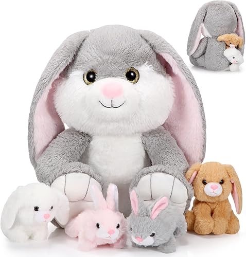 Miniatura 1 de Sratte 5 piezas de peluche de conejo de 13 pulgadas con 4 lindos bebés de peluche en su vientre, suave peluche de conejo para niños pequeños y