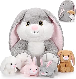 Sratte 5 Pcs Easter Bunny Stuffed Animal Set 13 Inch Mommy Bunnies Plush with 4 Cute Plush Baby Rabbit in Her Belly Soft C...