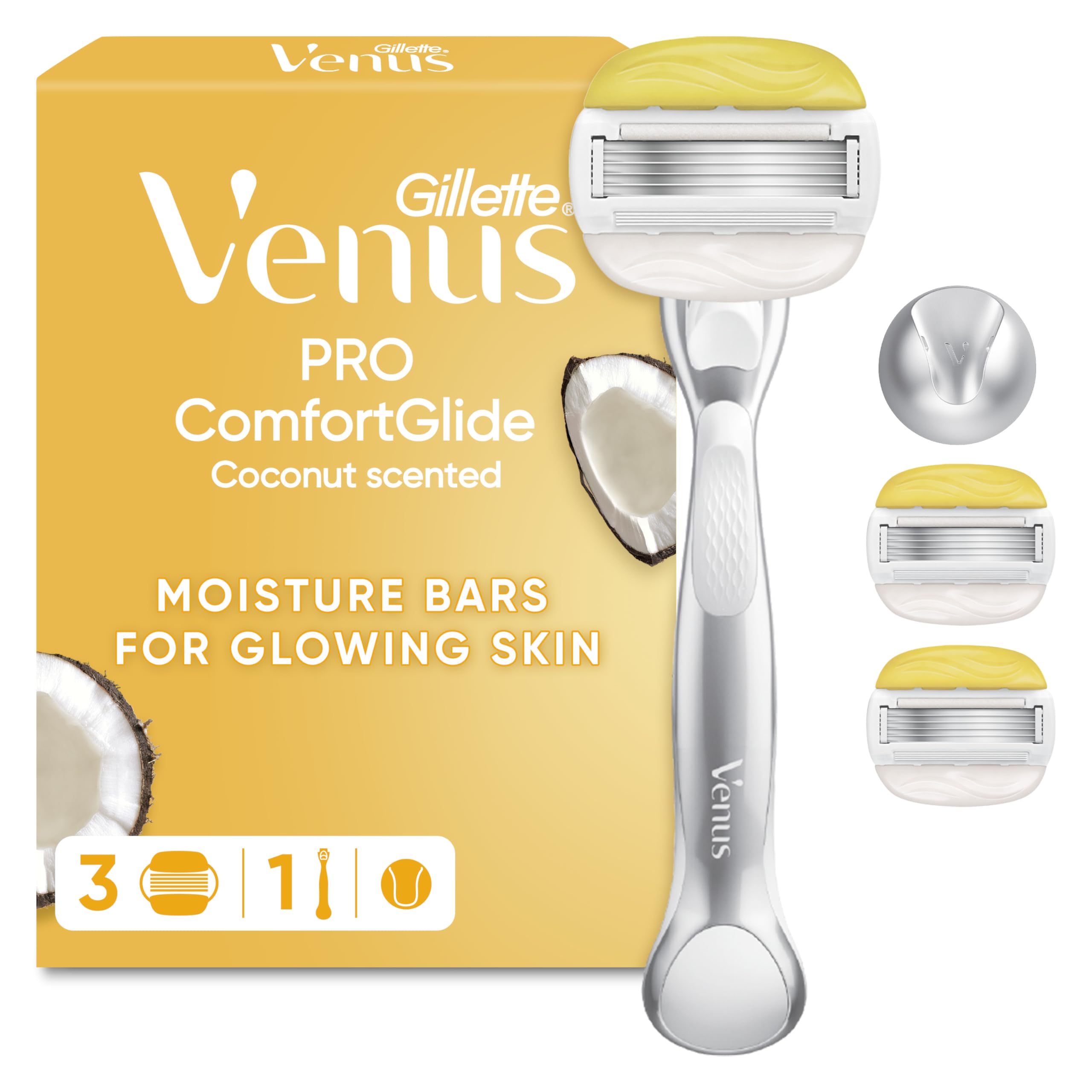 Gillette Venus Pro ComfortGlide Coconut Scented Women’s Razor with Olay Moisturiser, 1 Refill Razor Cartridges, Reusable Metal Handle and Shower Holder
