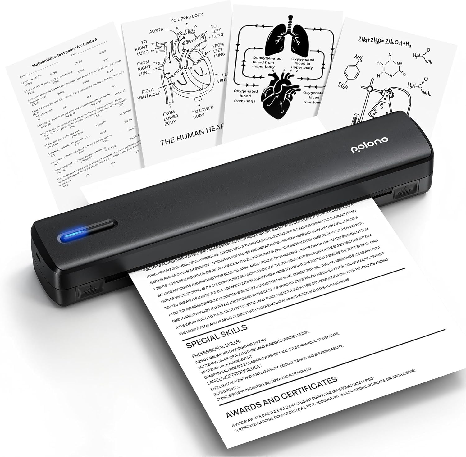 POLONO Portable Printer Wireless for Travel, Bluetooth Thermal Printer A4 Support for 8.5"x11" US Letter, Inkless Printer Compatible with iOS, Android, Smart AI APP, Laptop for Office, Black