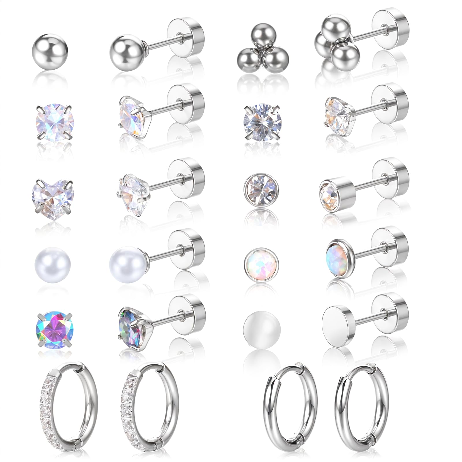 12Pairs Anti-sensitive Surgical Steel Earrings for Sensitive Ears Flat Back Stud Earring Small Huggie Hoop Cartilage Earring