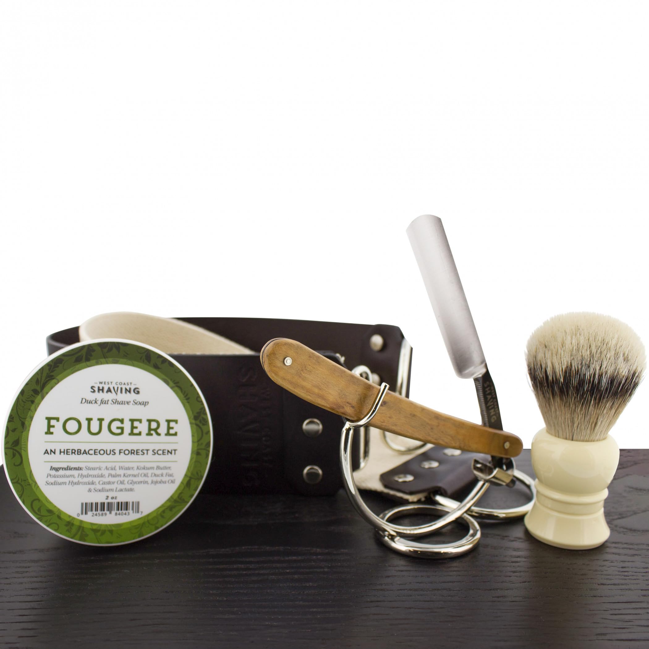 West Coast Shaving Wood Straight Razor Kit Fougere Shaving Soap Silvertip Brush and 3 Strop