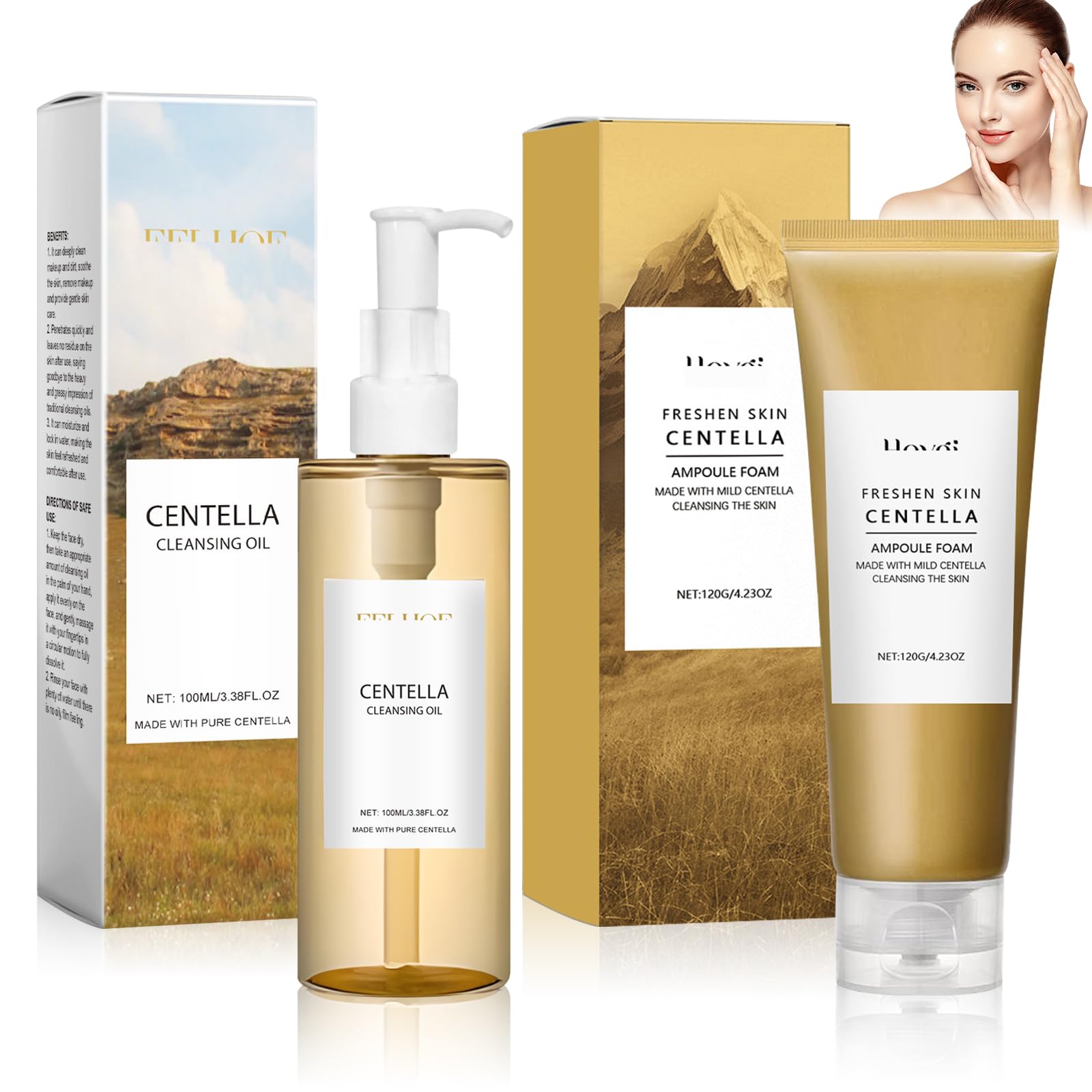 2PCS Centella Cleansing Oil + Centella Facial Cleanser, Centella Asiatica Extract from Madagascar, Centella Cleanser, Korean Facial Cleansing Oil, Suitable for Sensitive Skin