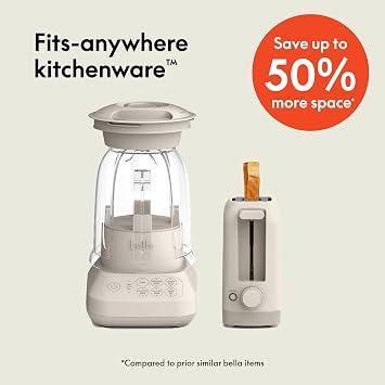 BELLA 10 speed Flip & Store Countertop Blender + 2 Slice Slim toaster, Fits-anywhereTM Kitchenware, Smart Toaster w 6 Shades Control & Smoothie Blender w 48oz Capacity Pitcher, Oatmilk