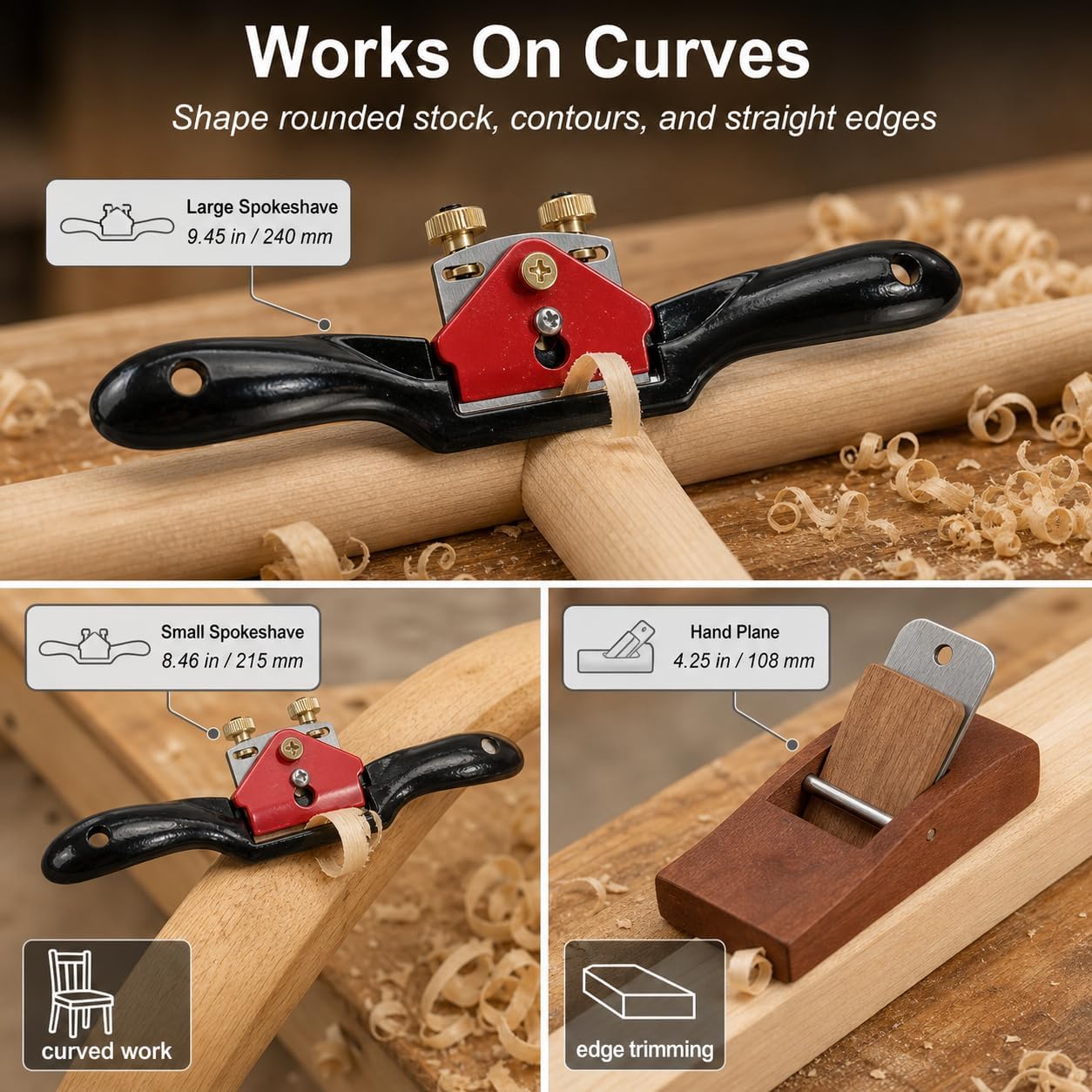 QWORK 2 Pcs Adjustable Spokeshave Woodworking Set, 10" and 9" Spoke Shave with Flat Base, 4 Replacement Cutters & 1 Mini Wood Plane, Heavy Duty Hand Tools for Wood Carving, Shaping & Furniture