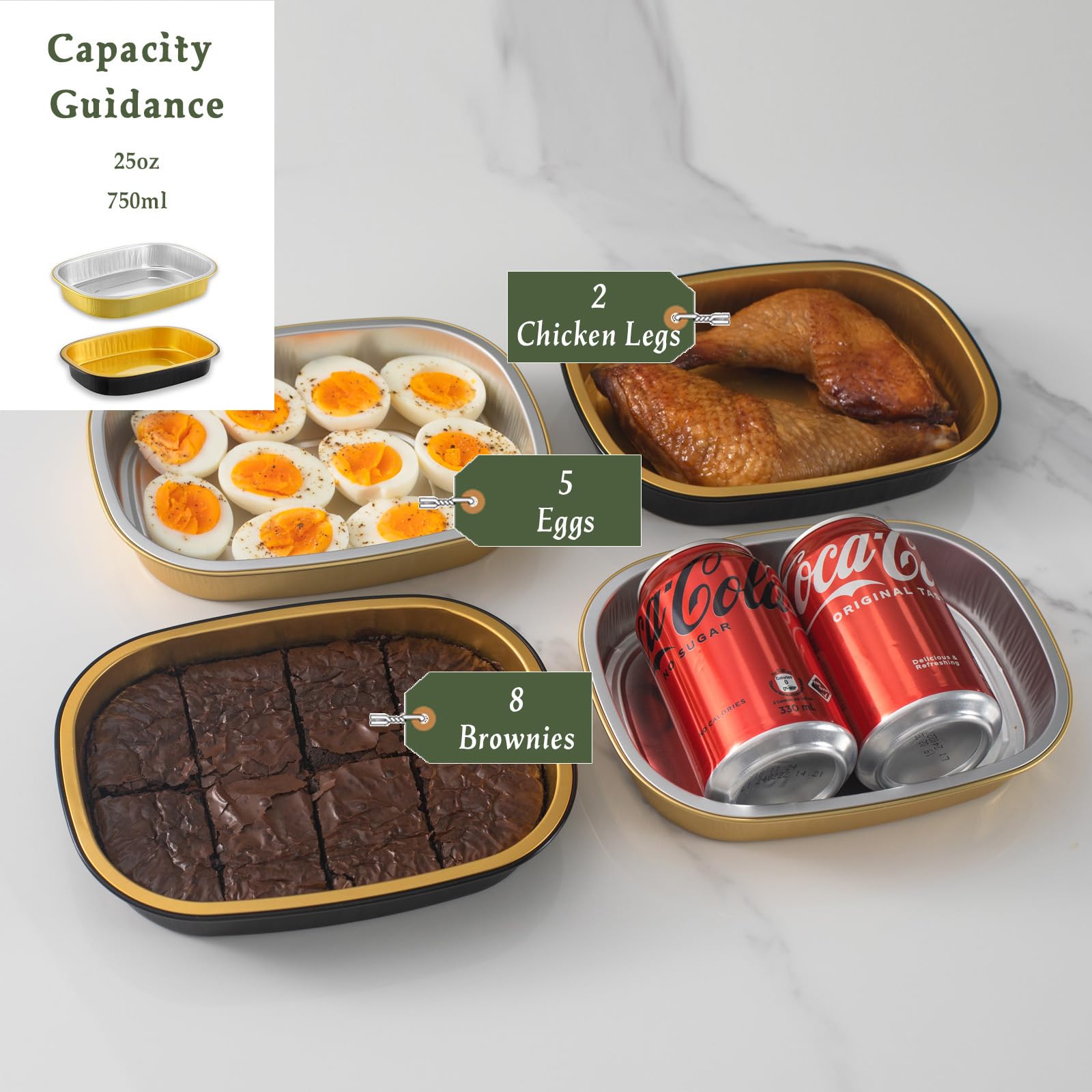 Sartenes ovalados de aluminio con tapas a presión (20 paquetes) | Contenedor reutilizable 2 veces más grueso y resistente de 25 onzas para llevar (negro)