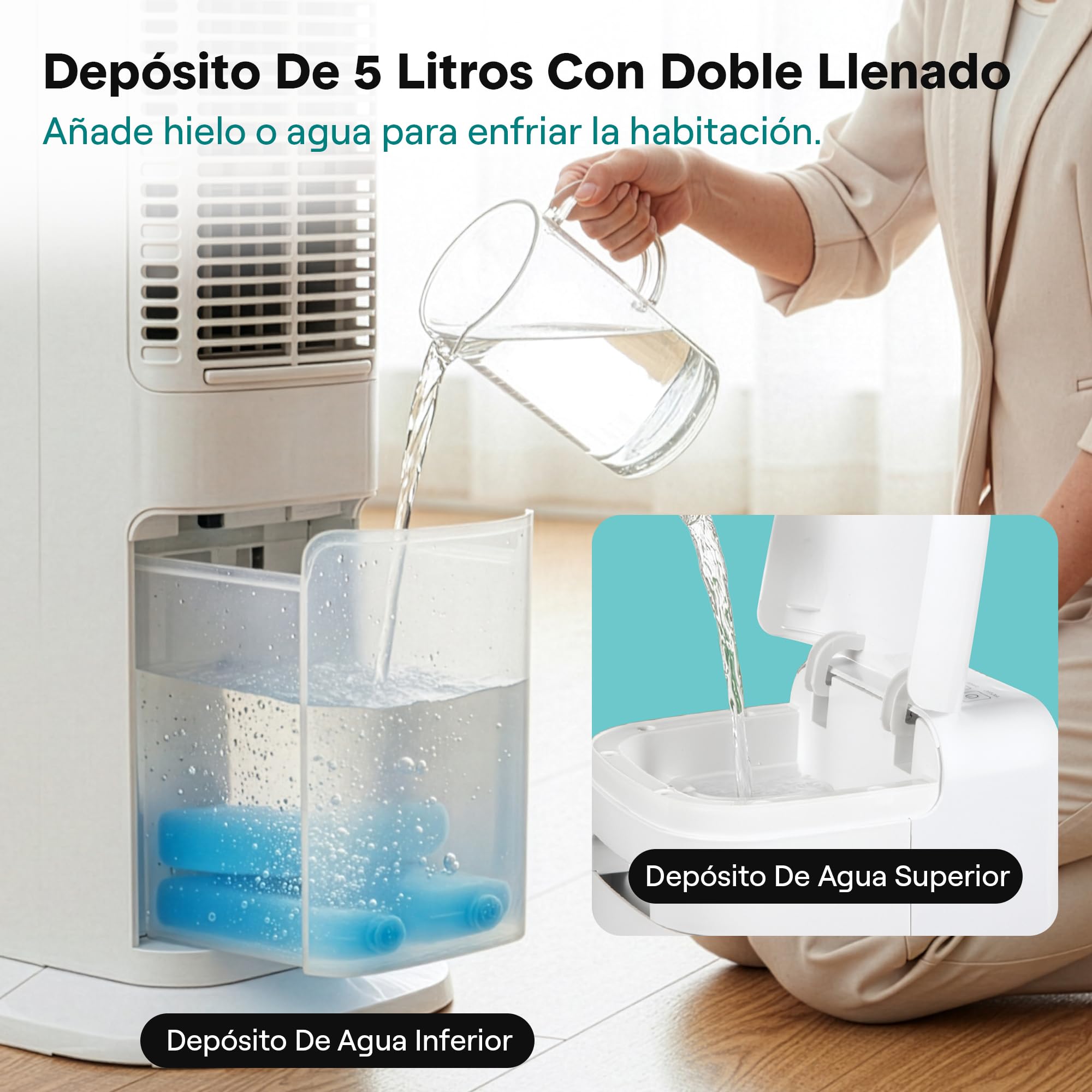 SereneLife Enfriador de Aire Evaporativo, de Torre con Mando a Distancia, Tanque de 5L, 4 Cajas de Hielo, 3 Velocidades, Enfriador de Pie Silencioso con Oscilacion, Portatil, Eficiente en Energia