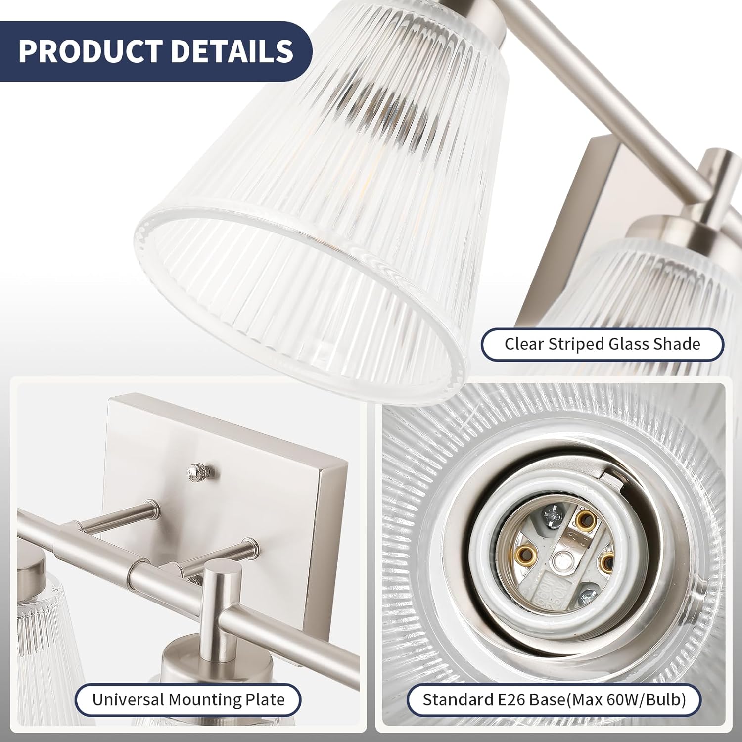 OCIOC 4-Light Vanity light fixtures, Brushed Nickel Vanity lights over mirror makeup light wall sconces with clear Striped glass shade, Bathroom lighting fixtures for Living room, Bedroom, Kitchen