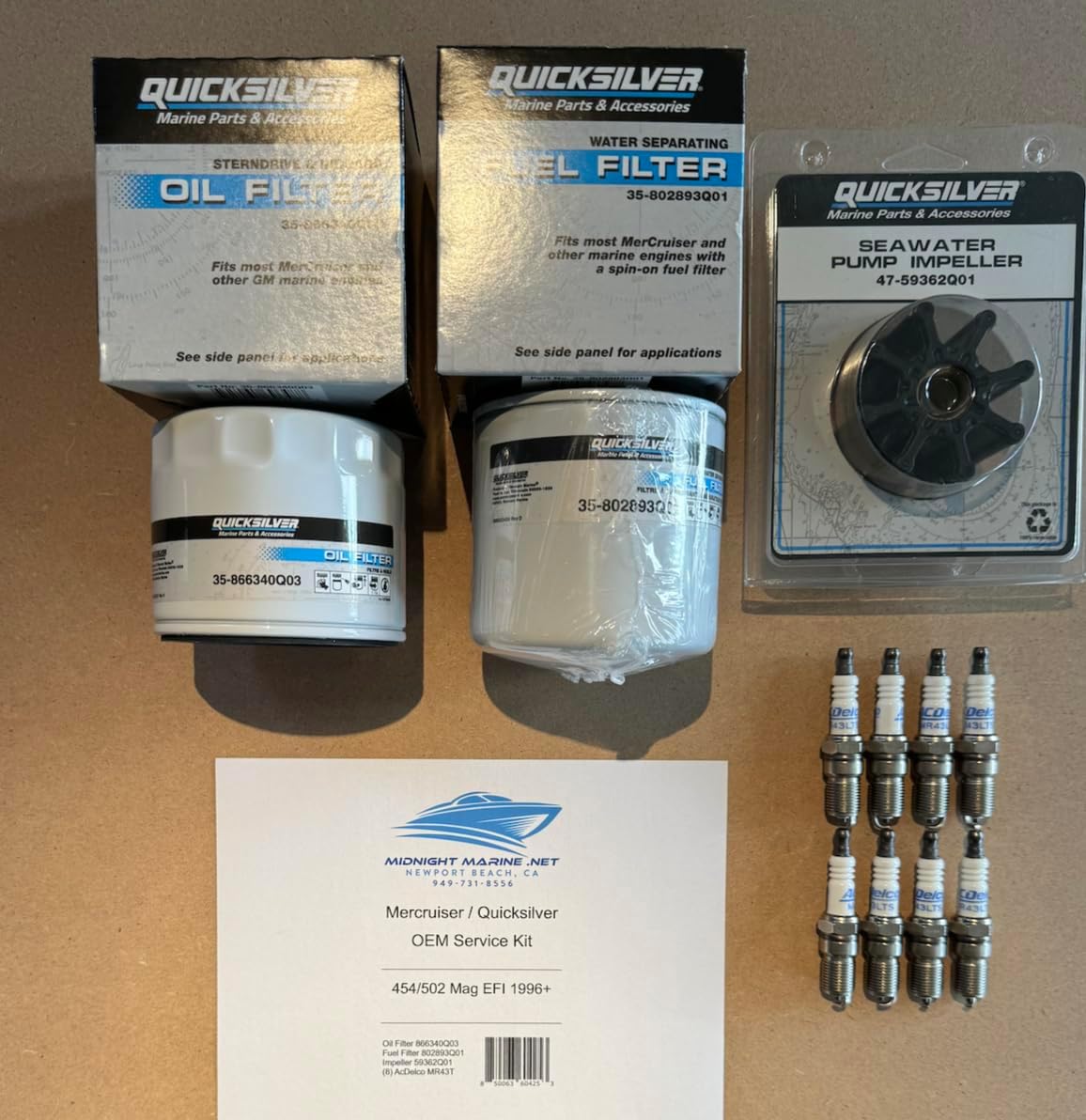 454/502 MAG EFI 1996+ Mercruiser Quicksilver OEM Service Kit: Fuel & Oil Filter(s), Impeller, and Spark Plugs