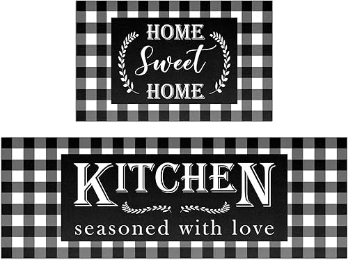 Buffalo - Juego de 2 tapetes de cocina a cuadros antideslizantes y gruesos para el suelo, cómodos tapetes de pie para cocina, fregadero, oficina,