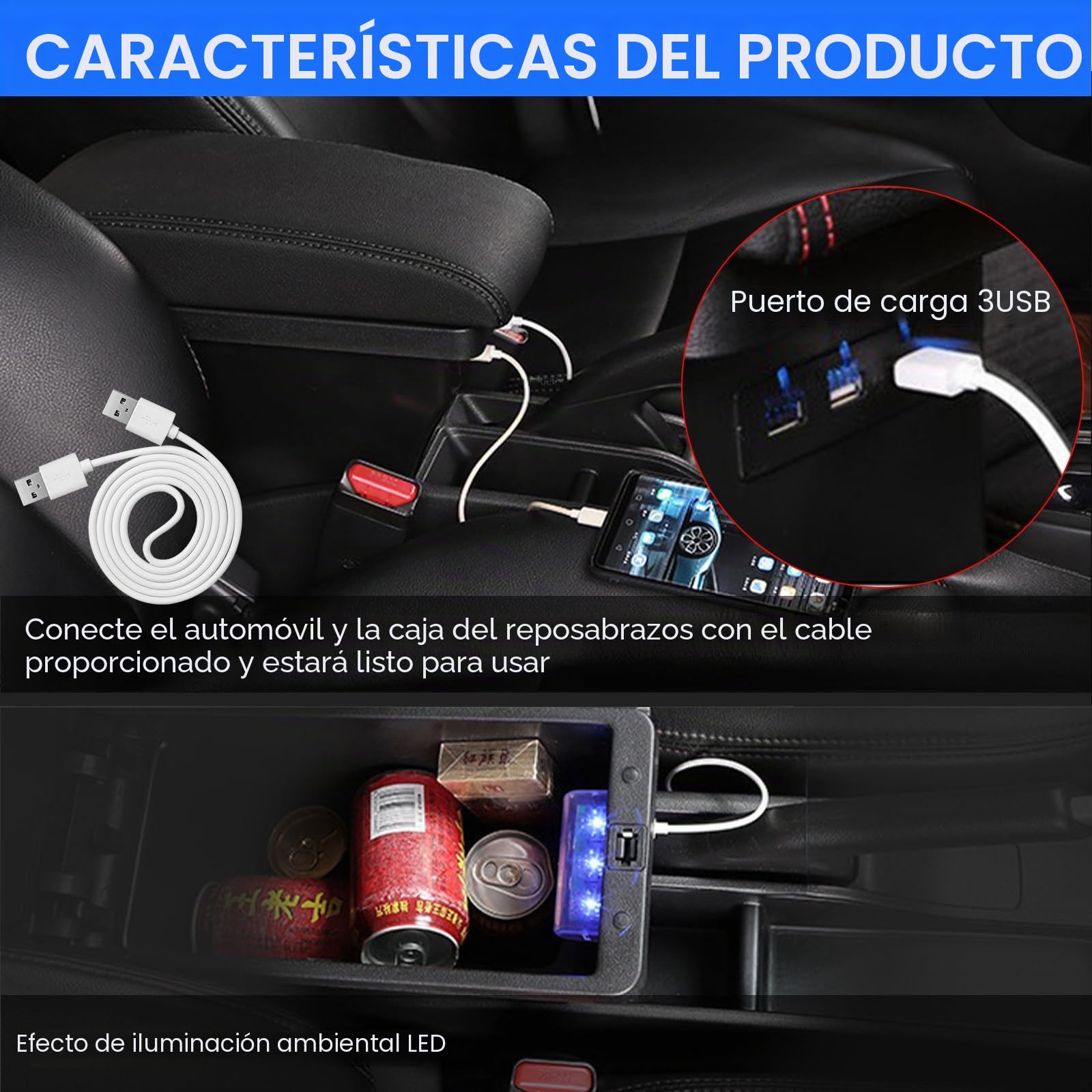 Apoyabrazos Compatible con VW Polo 2019 2020 2021 2022 2023 2024 Apoya Brazos Coche Consola Reposabrazos Central Tapizado Caja de Almacenamiento Cuero con 3 Puertos USB - Cuero Negro de la PU