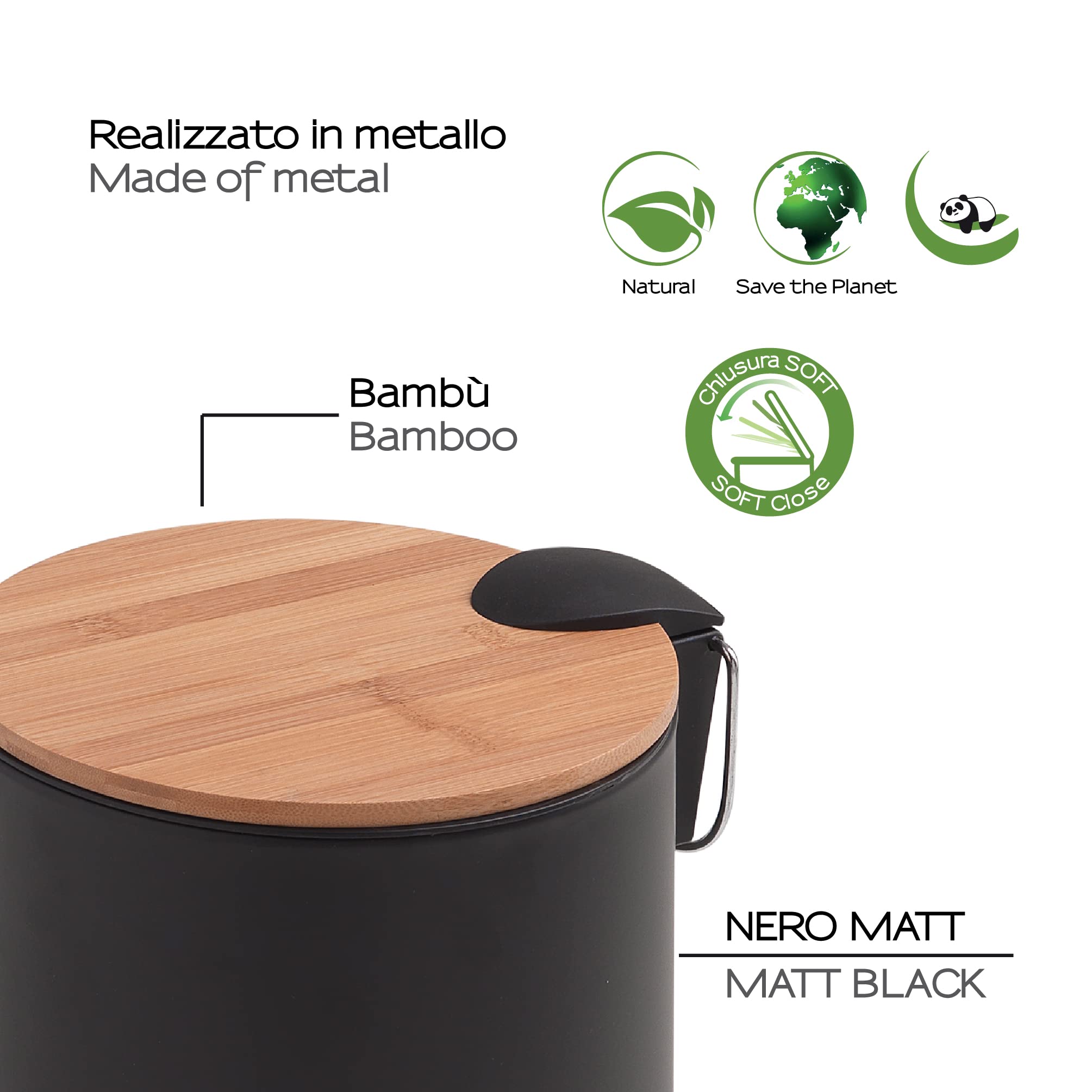 GEDY | Kenta Bamboom Cestino, Capacità 3 litri, Colore Nero, Dimensioni 25 x 17 x 22 cm e Peso 0,67 kg