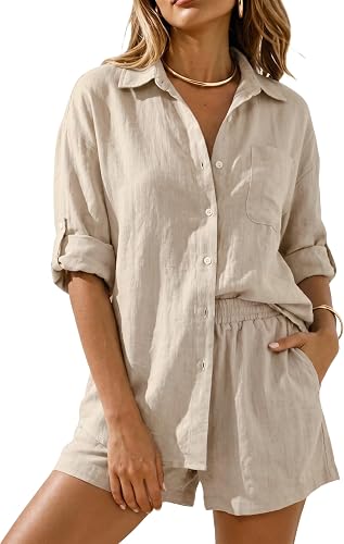 Gozoloma Women's 2 Piece Linen Blend Shorts Set(Apricot-L)