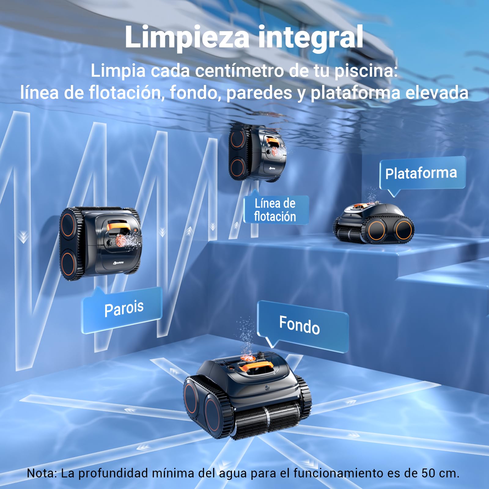 WINNY POOL CLEANER Winny C1 Robot Piscina y Limpiafondos Piscina-Sin Cables, 150 min de Autonomía, Limpia Paredes y Fondo, Navegación Inteligente, Auto-Aparcamiento, Naranja Negro