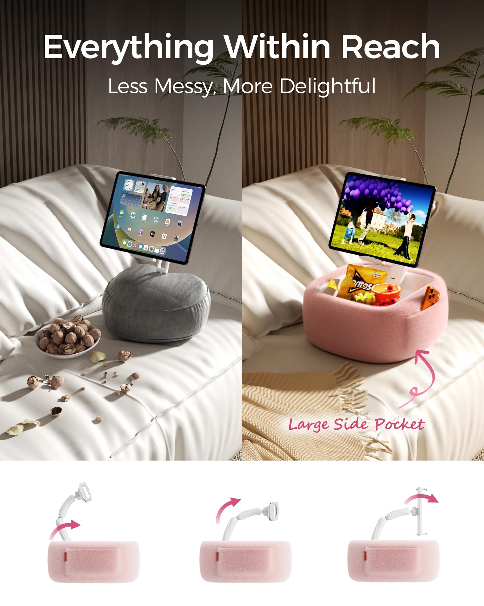 LULULOOK Supporto Cuscino Tablet per Kindle la lettura,supporto da tenere sulle ginocchia con ciotola per snack e braccio pieghevole per iPad,telefono e tablet da 4,7-14,6 pollici per leggere a letto