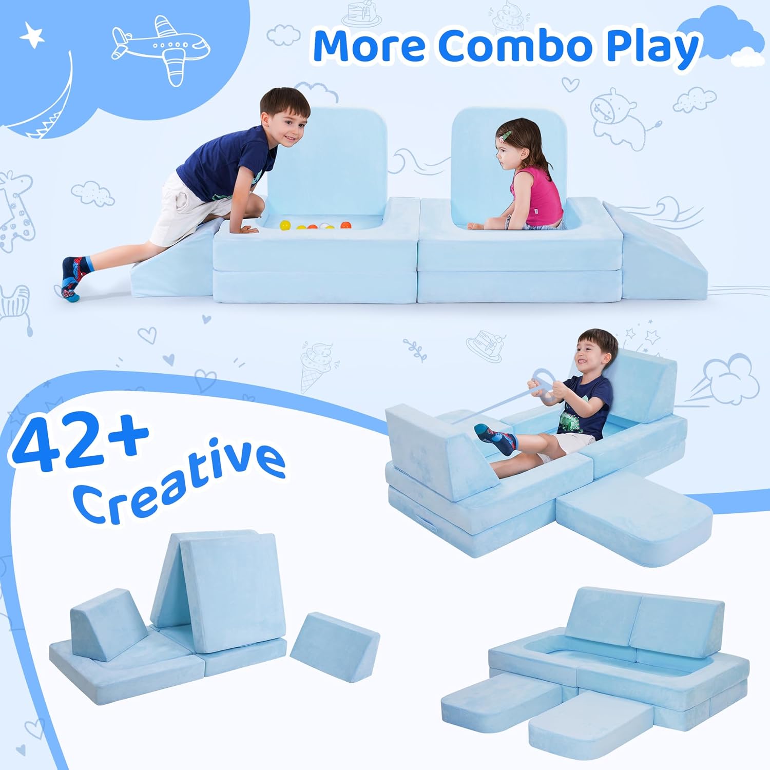 CoziBB Modular Kids Play Couch Convertible - Toddler & Child Sofa DIY Creativing Play Couch for Playroom Bedroom Nursery Freely Removable Versatile Fold Kids Sofa for Playing, Creativity, Sleeping