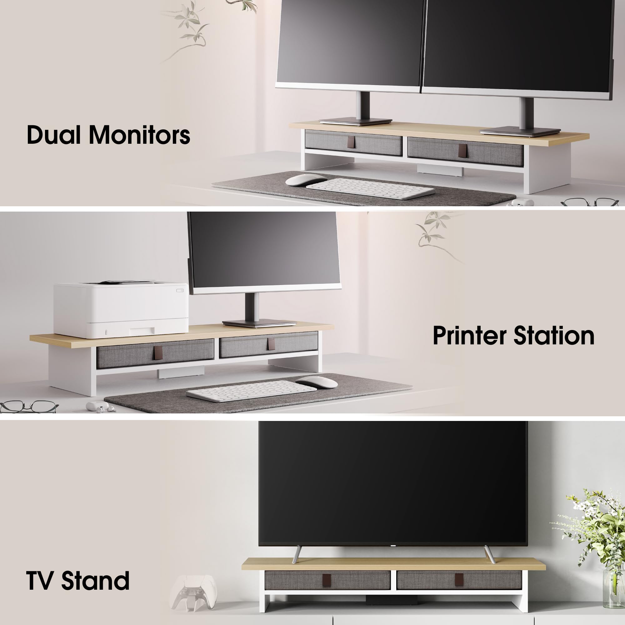 Fenge Dual Monitorständer Riser 2 Etagen Computer Monitor Ständer mit Schublade für PC Laptop Drucker TV, 90x23,5x14,2cm Tragfähigkeit 25KG (Eiche)