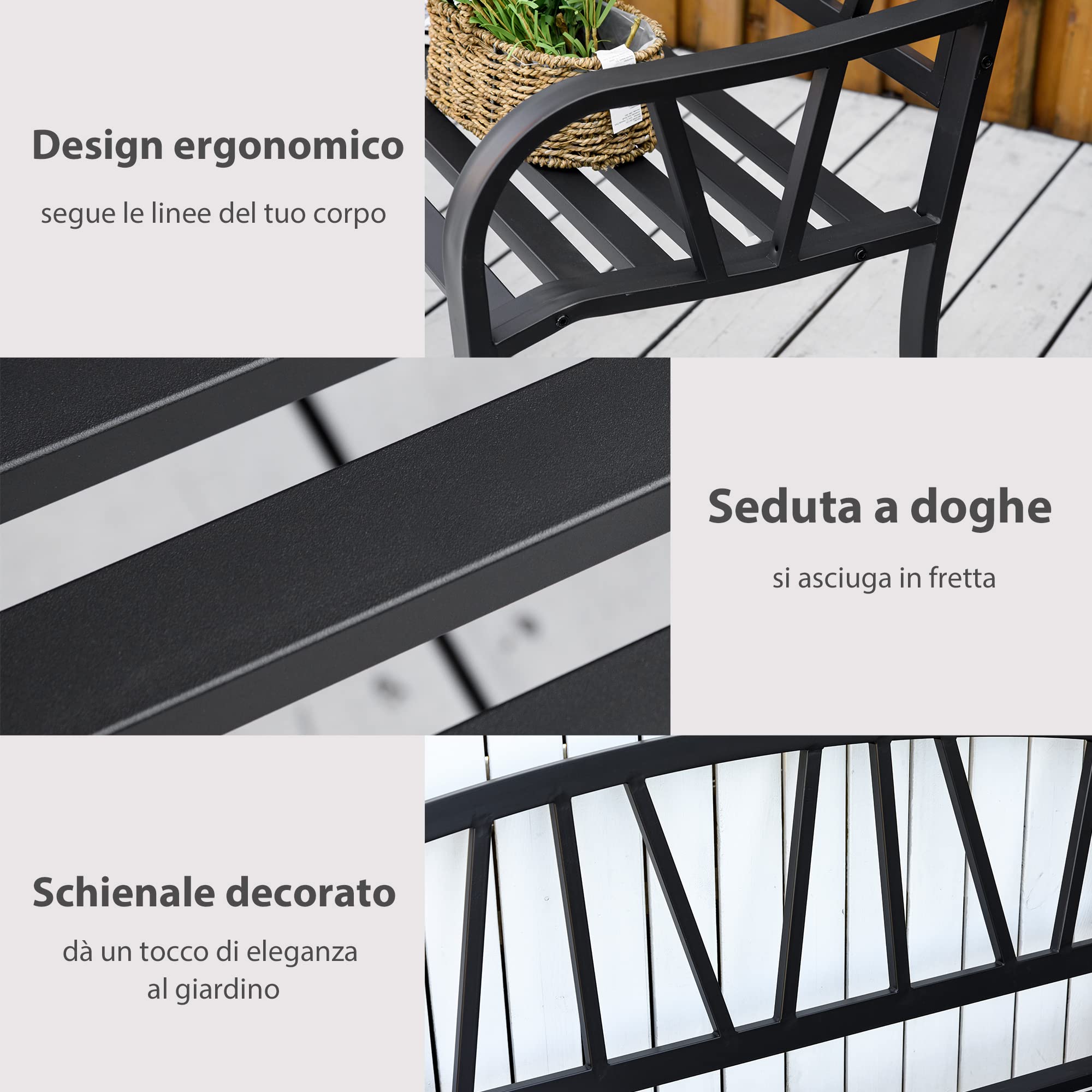 Outsunny Panchina da Giardino Panca da Esterno 2 Posti 128x56x86cm Nero | in Metallo Impermeabile, in Ferro