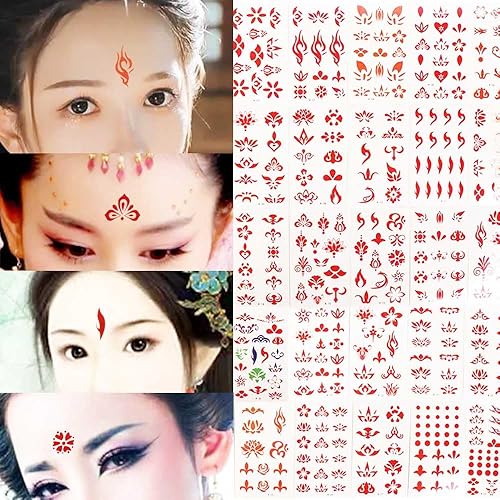 Pokinge 34 Sheets Temporary Tattoos, Forehead Flower Decals Colorful Butterfly Tattoo Stickers Chinese Style Hanfu Decor Creative Shiny Face Art Tattoo