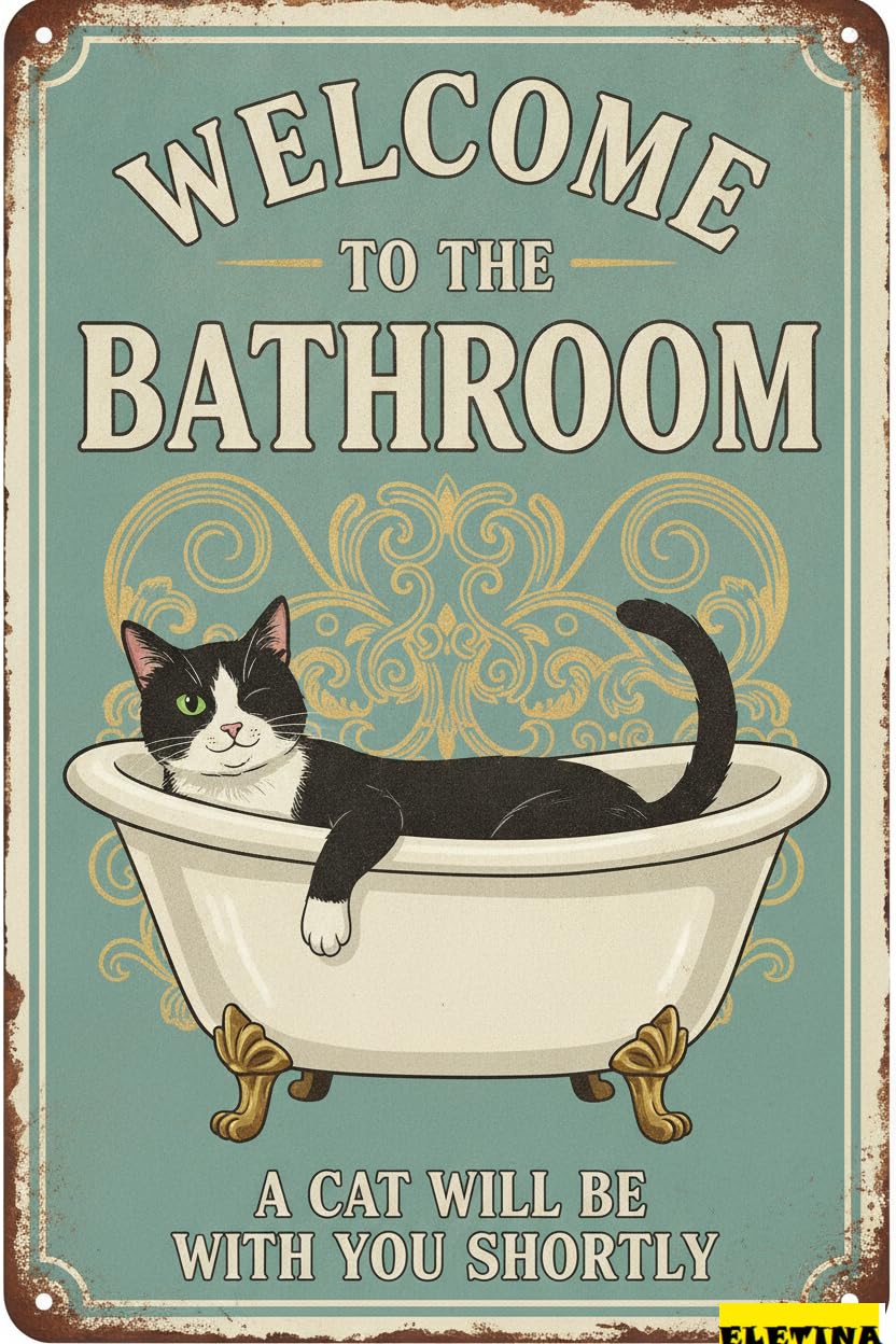 Personalized Sign for Man Cave Cat Funny Vintage Metal Tin Wall Decor, Retro Farmhouse 8x12 Inch Wall Art Restroom Toilet Home Washroom Bathroom Private Property Decorative